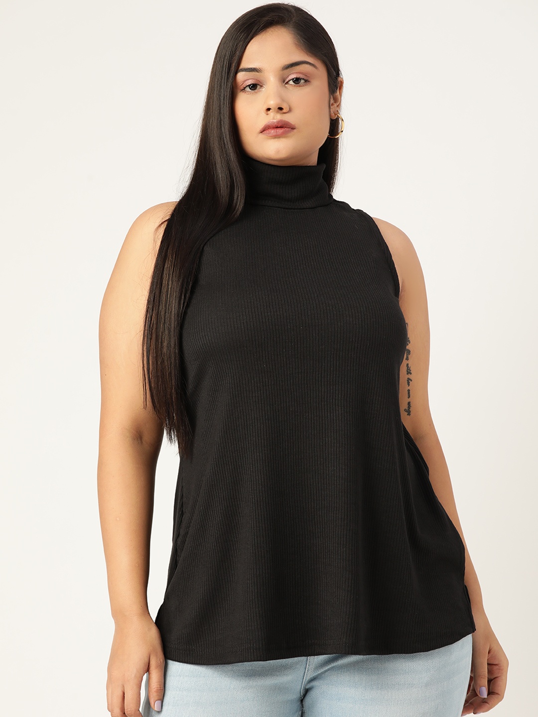 

theRebelinme Plus Size Black Pure Cotton Ribbed Top