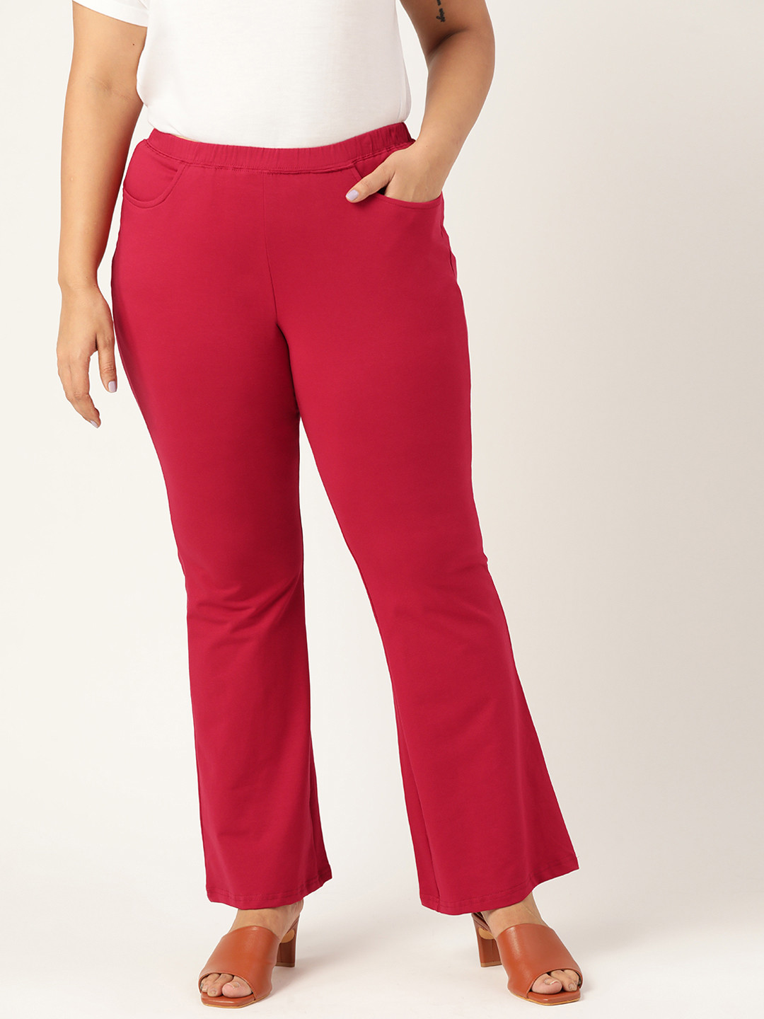 

theRebelinme Women Plus Size Red Solid Straight Fit Trousers