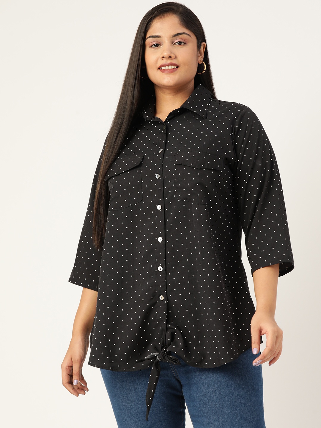 

theRebelinme Women Plus Size Black Polka Dots Printed Casual Shirt