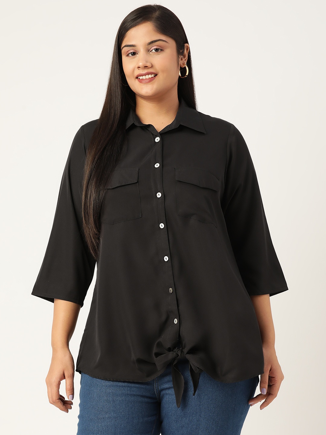 

theRebelinme Women Plus Size Black Solid Casual Shirt