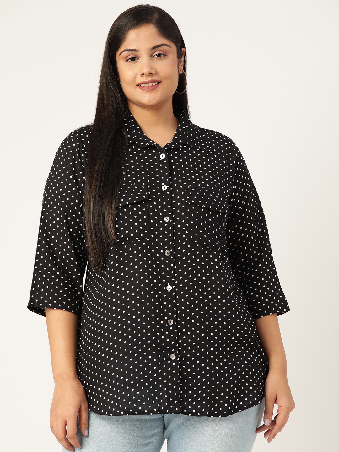 

theRebelinme Women Plus Size Black & White Polka Dots Printed Casual Shirt