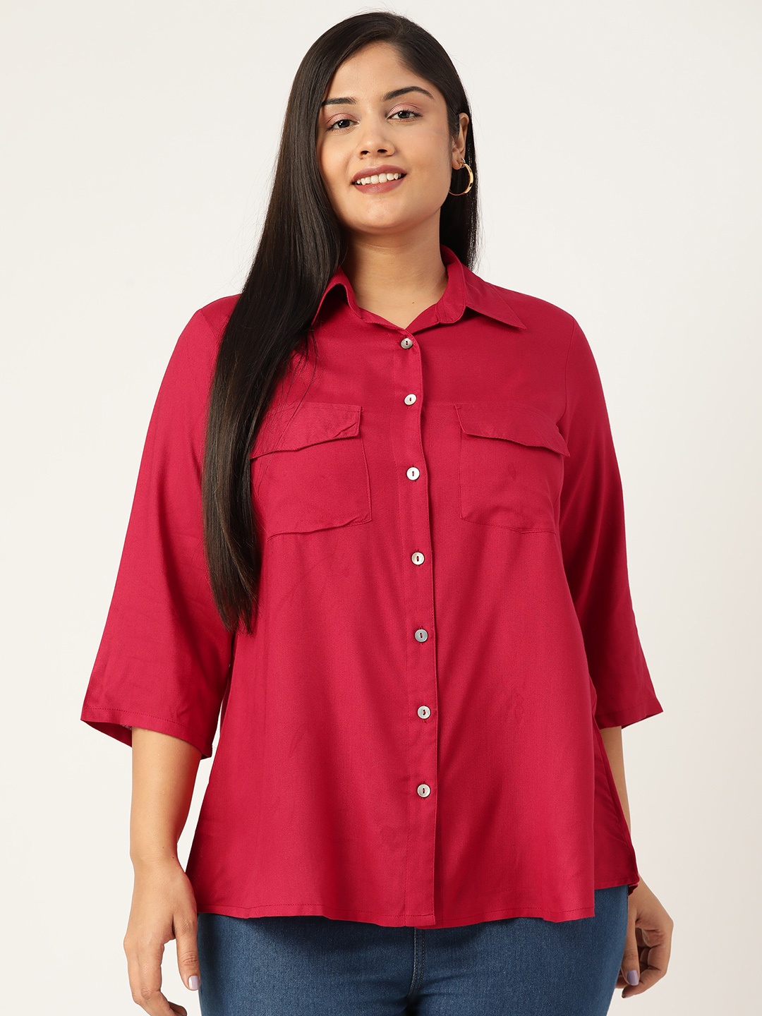 

theRebelinme Women Plus Size Red Solid Casual Shirt