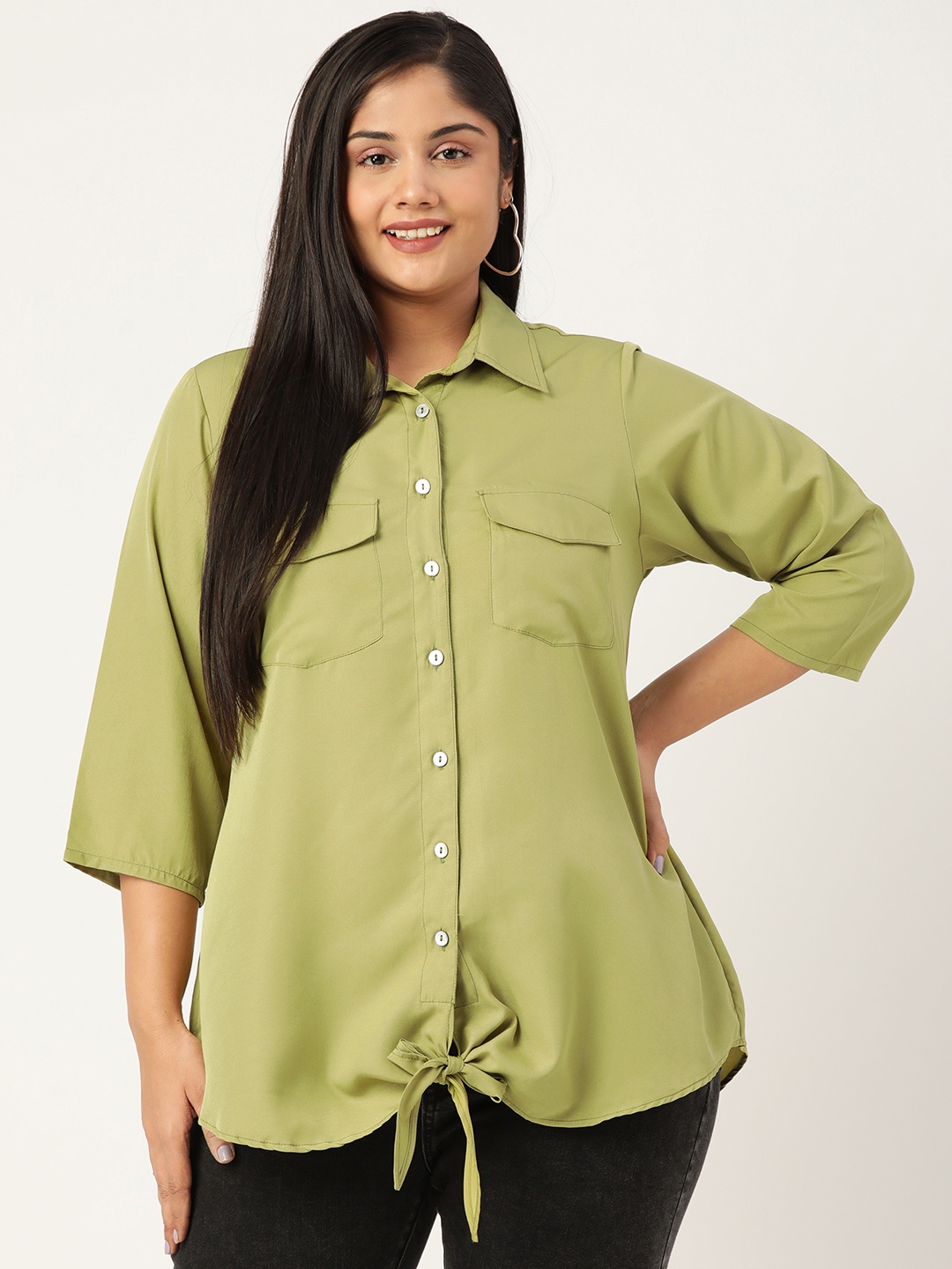 

theRebelinme Women Plus Size Green Solid Casual Shirt