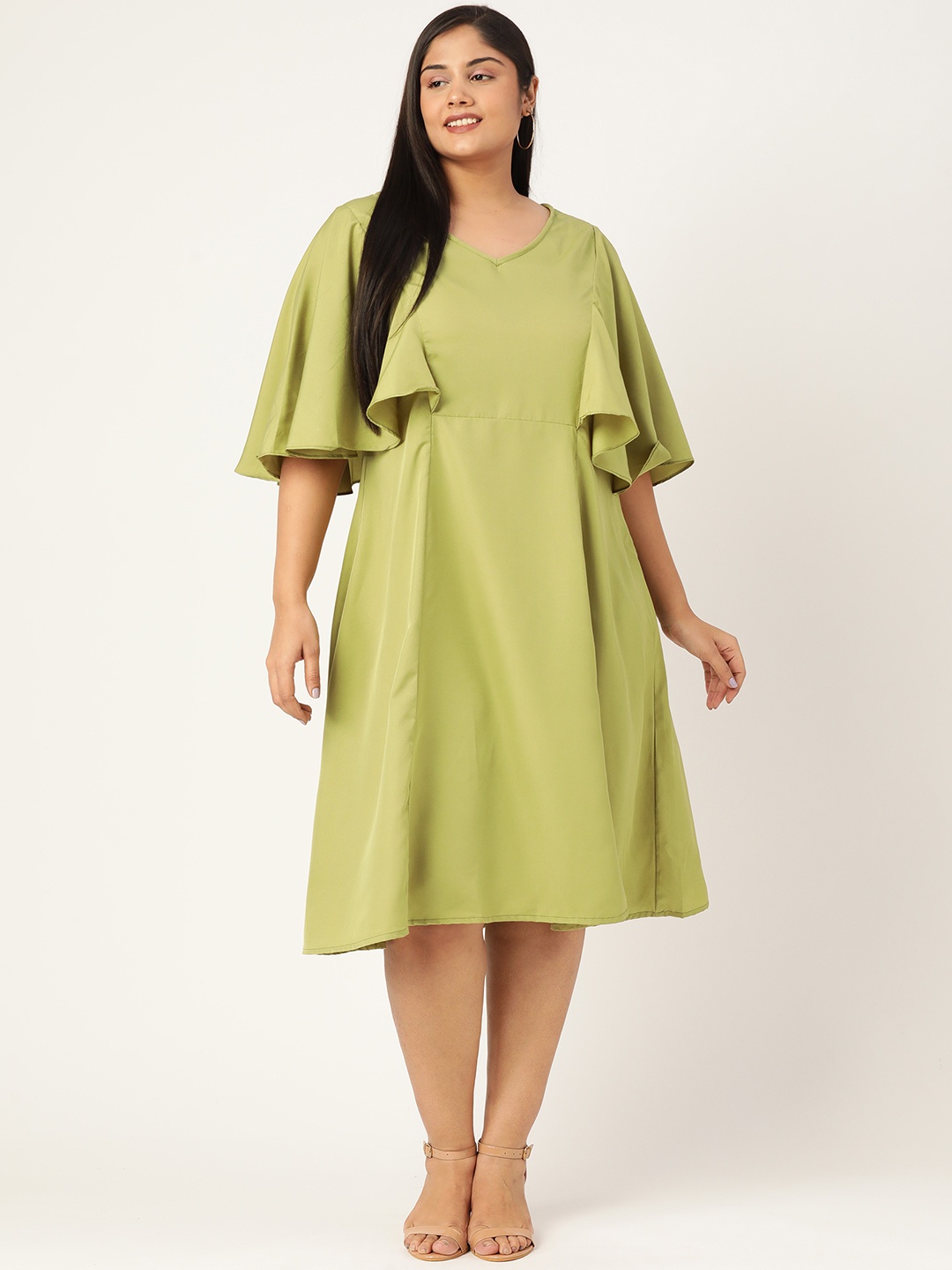 

theRebelinme Plus Size Green Solid A-Line Midi Dress