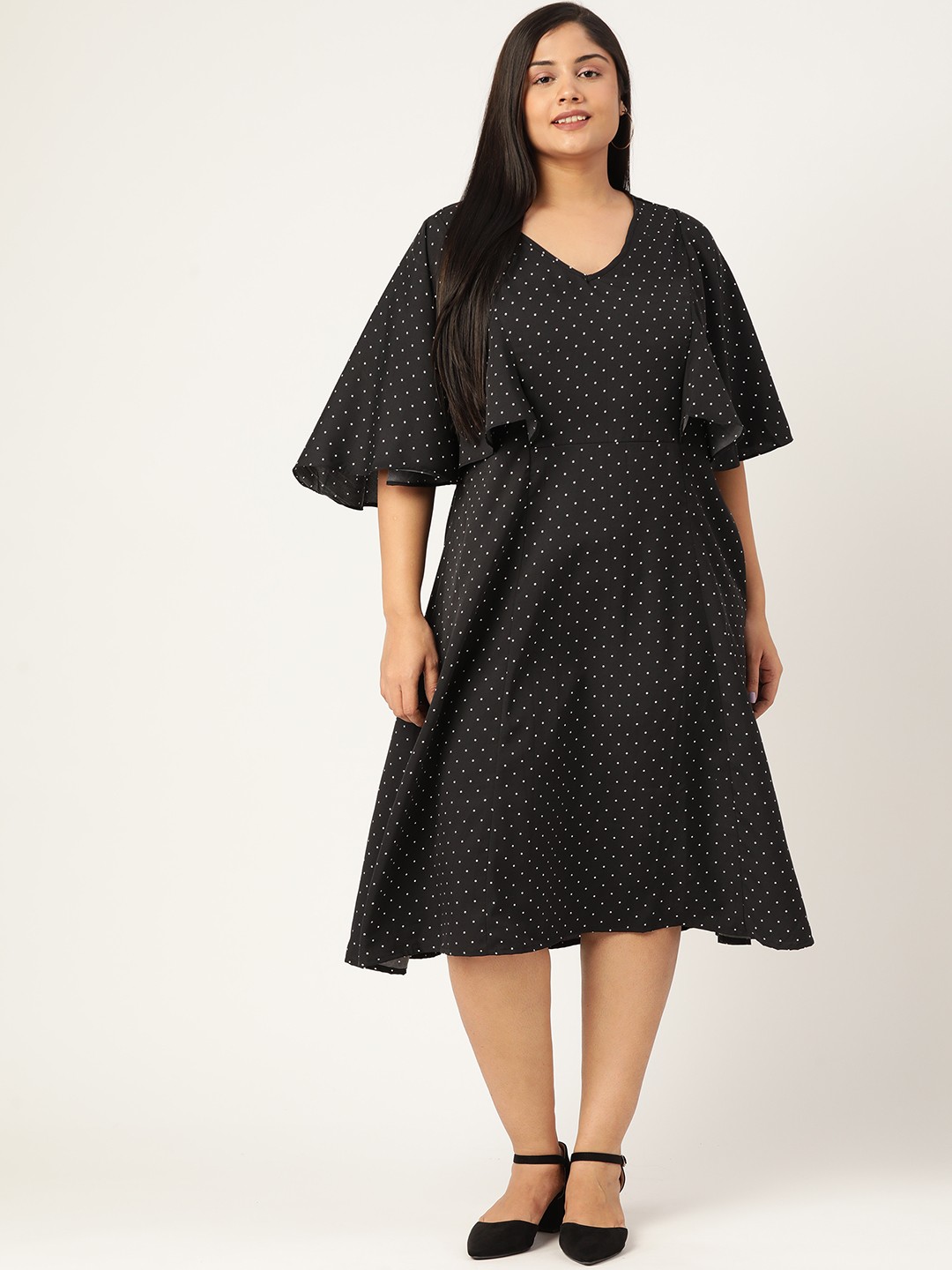 

theRebelinme Plus Size Black & White Polka Dots A-Line Midi Dress