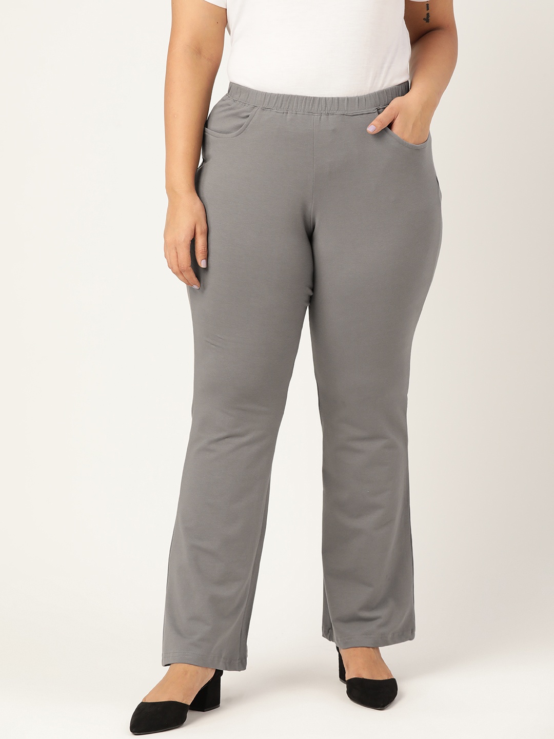 

theRebelinme Women Plus Size Grey Solid Straight Fit High-Rise Trousers