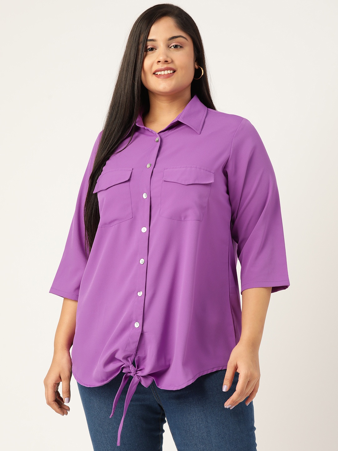 

theRebelinme Women Plus Size Purple Solid Casual Shirt