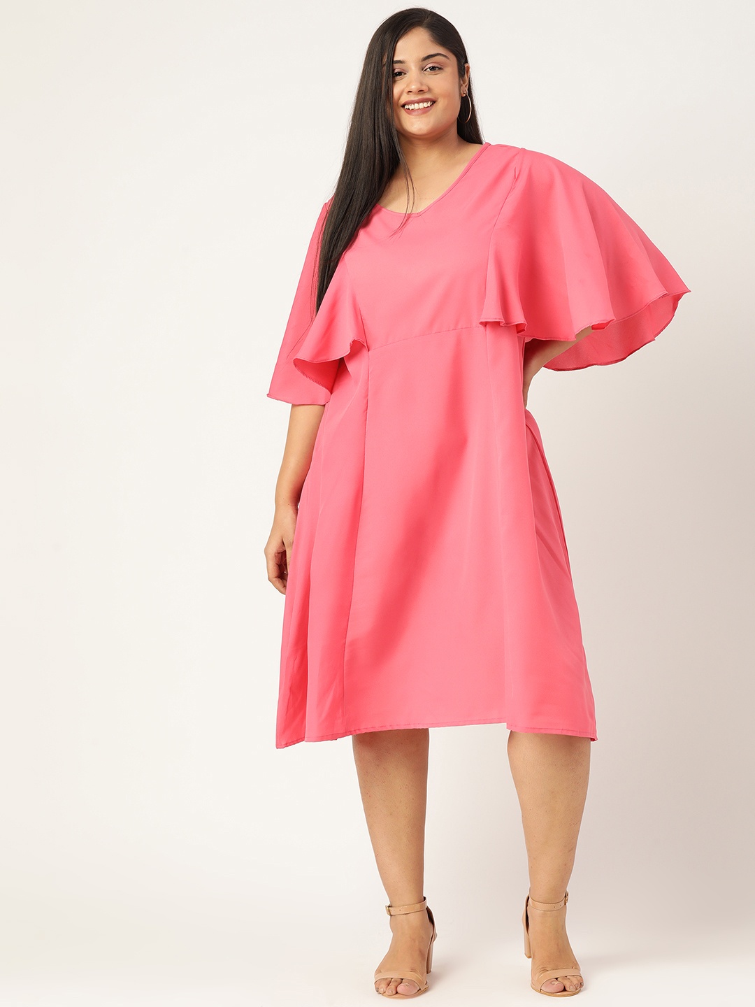 

theRebelinme Plus Size Pink Solid A-Line Midi Dress