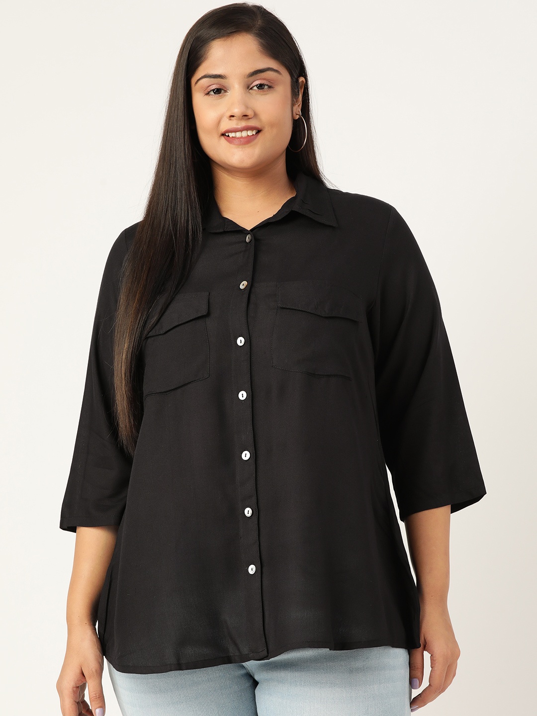 

theRebelinme Women Plus Size Black Solid Casual Shirt