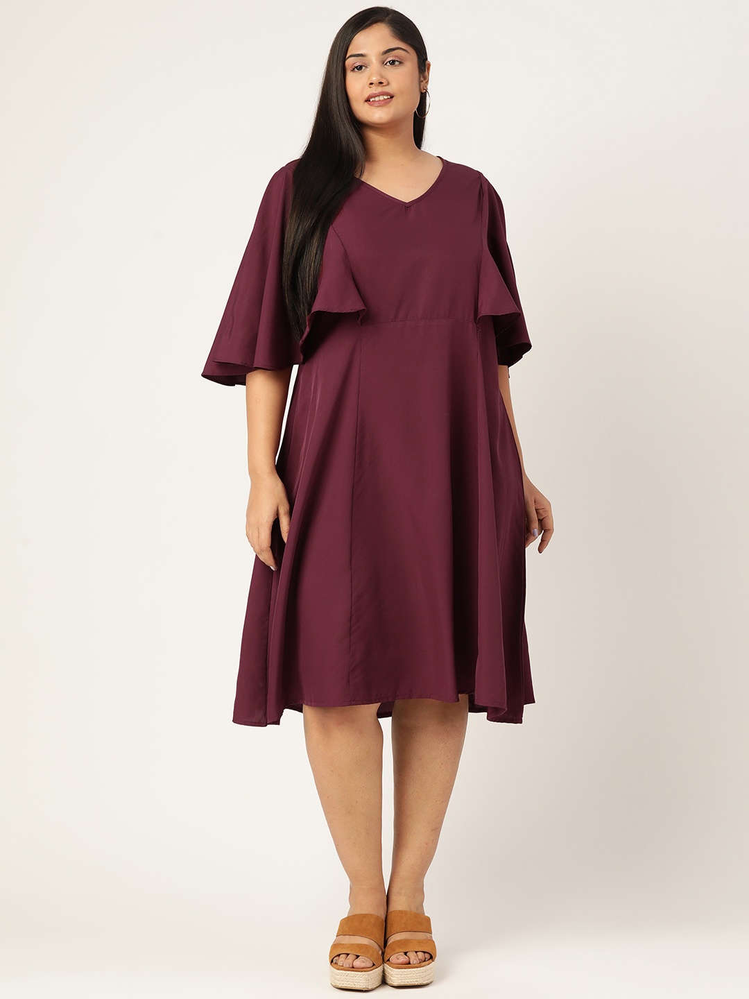 

theRebelinme Plus Size Burgundy Solid A-Line Midi Dress