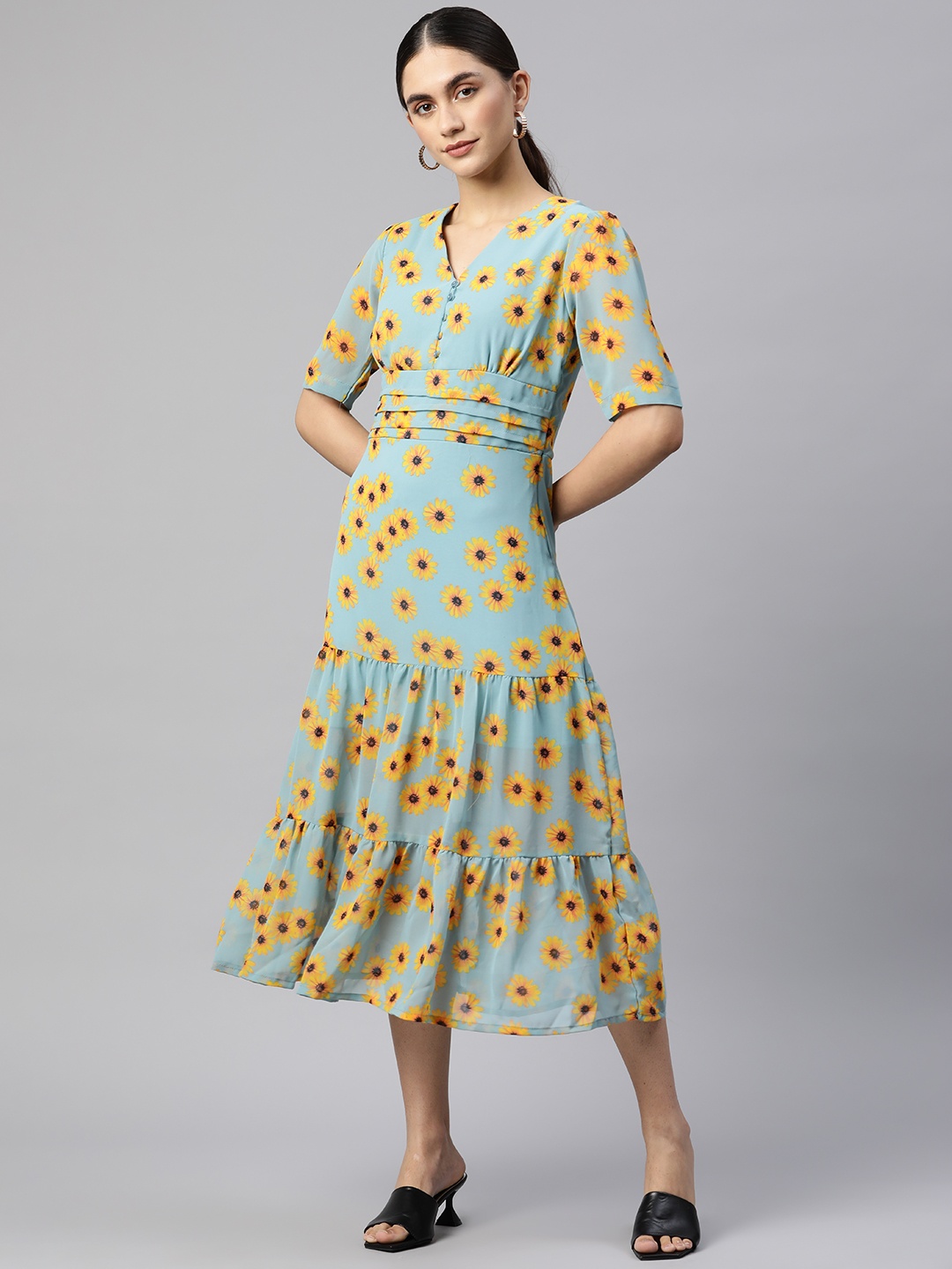 

plusS Sea Green & Yellow A-Line Midi Dress