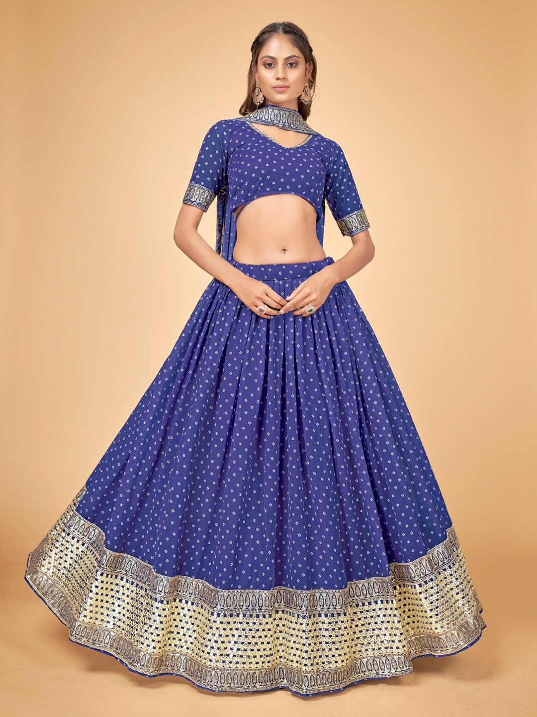 

Cloth's Villa Blue & Gold-Toned Printed Semi-Stitched Lehenga & Unstitched Blouse With Dupatta