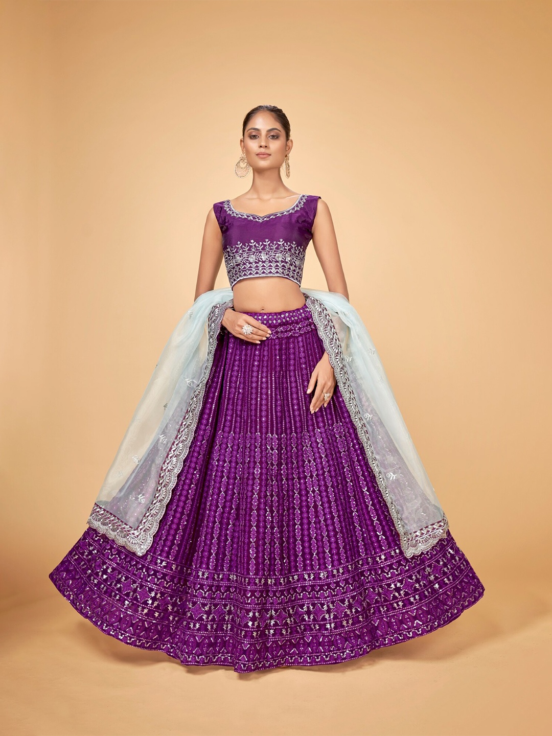 

Cloth's Villa Women Purple & Silver-Toned Embroidered Sequinned Semi-Stitched Lehenga & Unstitched Blouse With