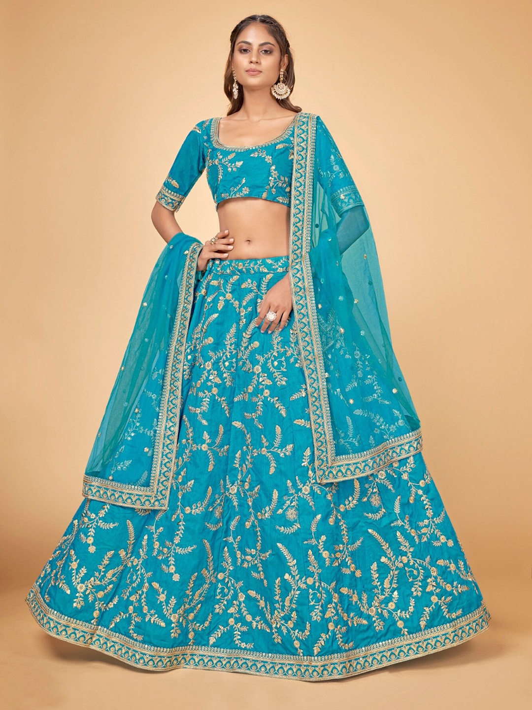 

Cloth's Villa Blue & Gold-Toned Embroidered Thread Work Semi-Stitched Lehenga & Unstitched Blouse With