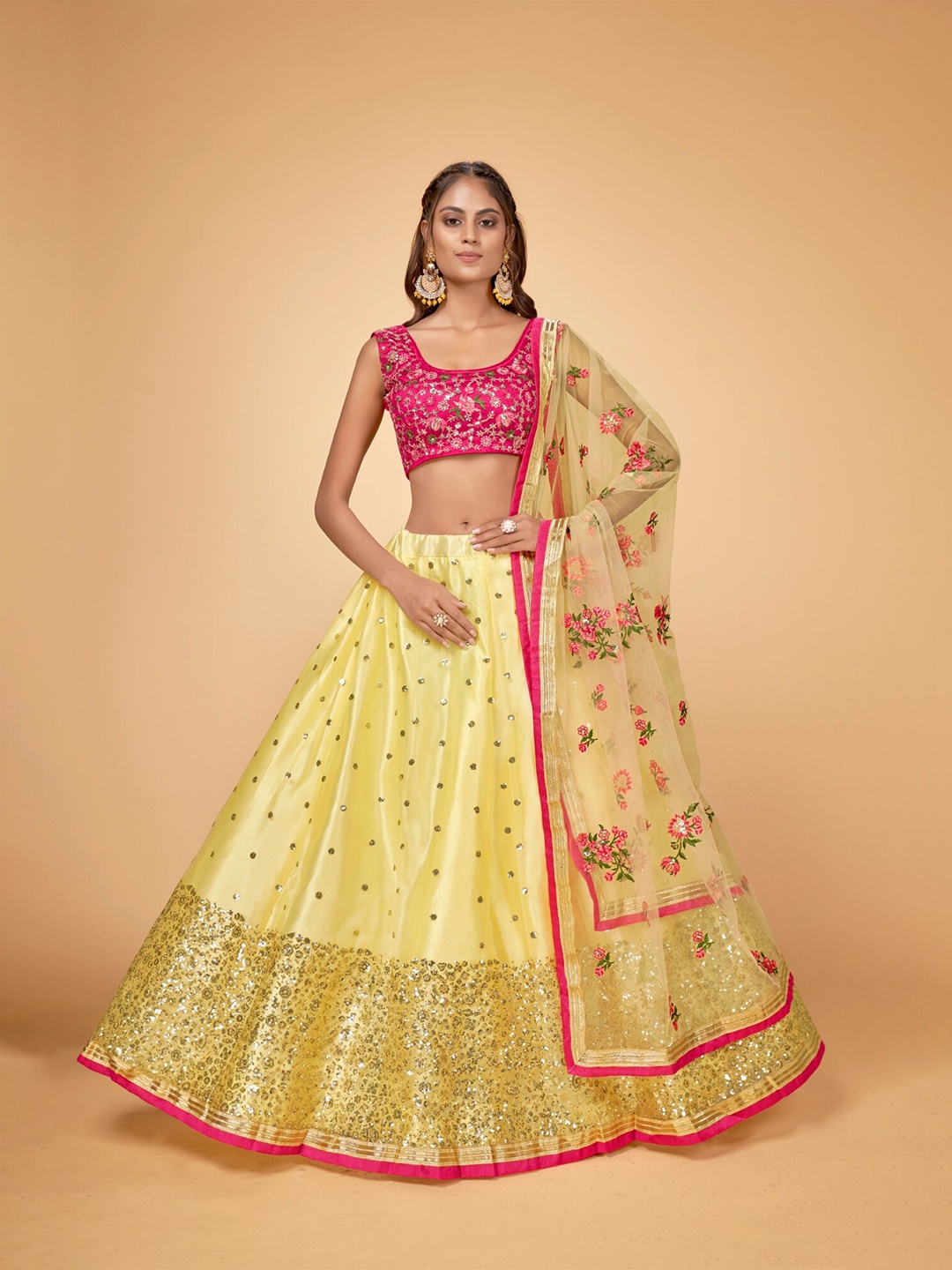 

Cloth's Villa Yellow & Green Embroidered Sequinned Semi-Stitched Lehenga & Unstitched Blouse With Dupatta