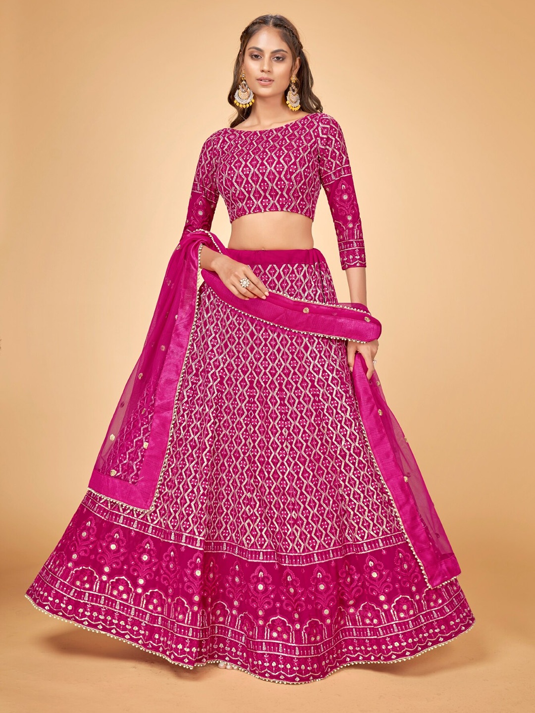 

Cloth's Villa Women Pink & Gold-Toned Embroidered Thread Work Semi-Stitched Lehenga & Unstitched Blouse With