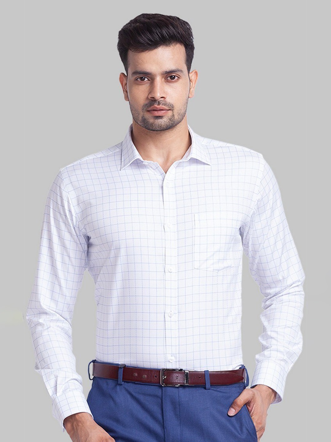 

Park Avenue Men Blue Grid Tattersall Checks Opaque Checked Formal Shirt