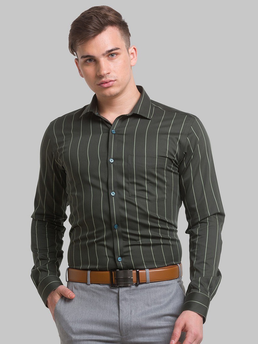 

Park Avenue Men Green Striped Formal Shirt