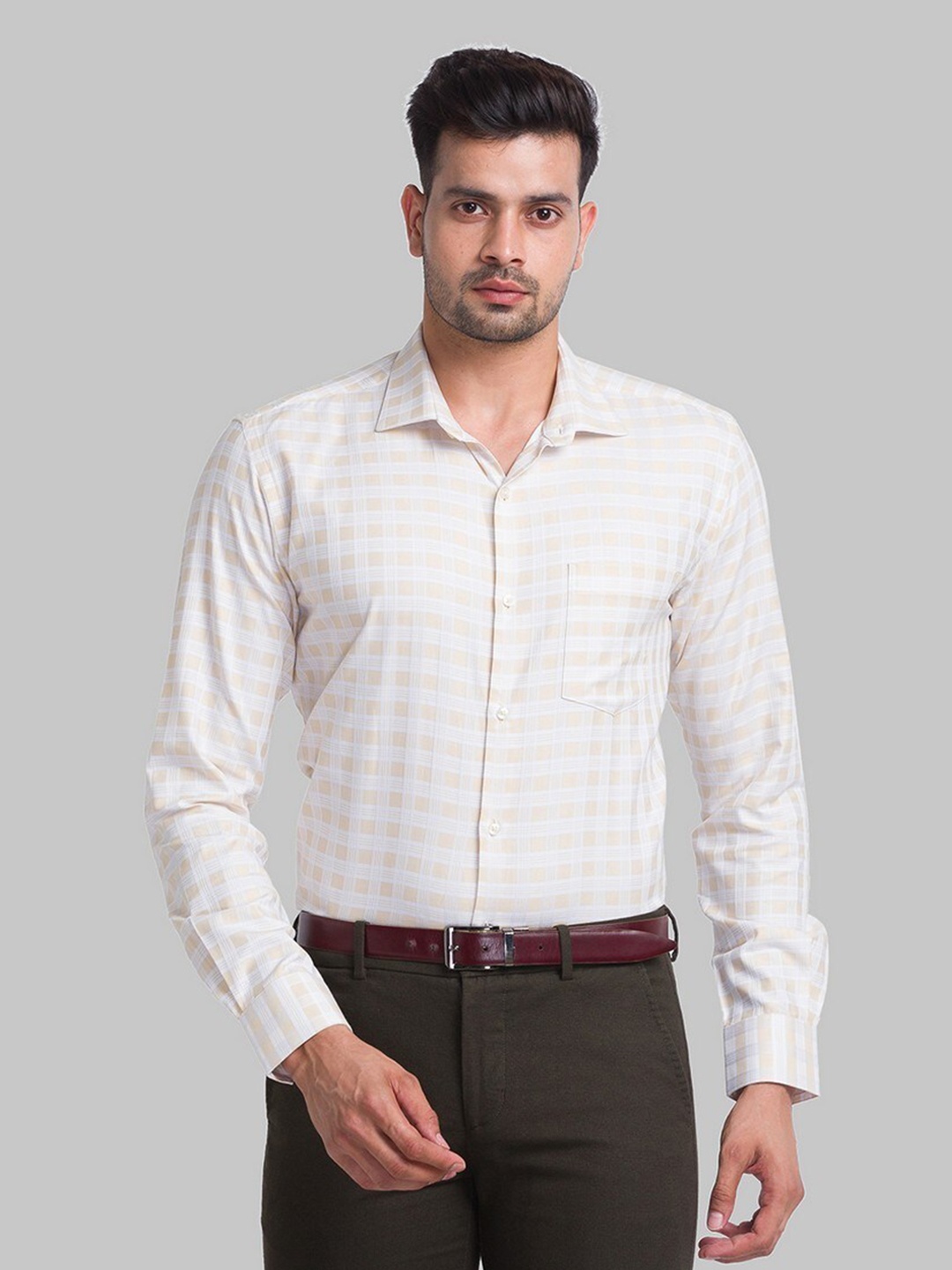 Park Avenue Men Beige Checked Slim Fit Formal Shirt