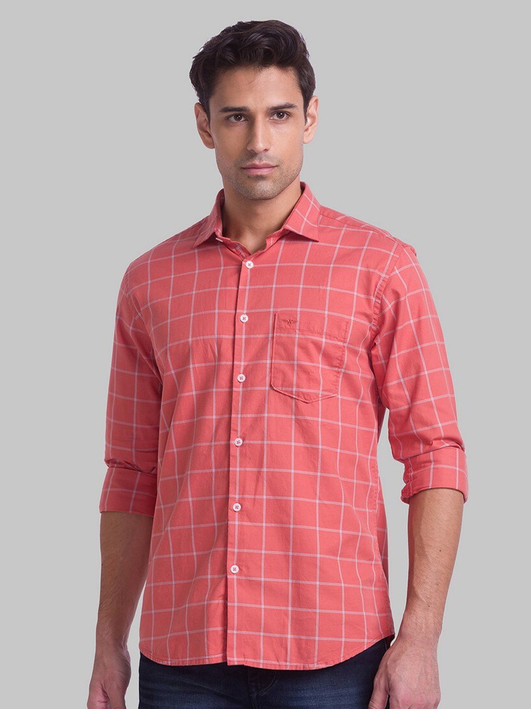 

Park Avenue Men Orange Slim Fit Windowpane Checks Checked Casual Shirt