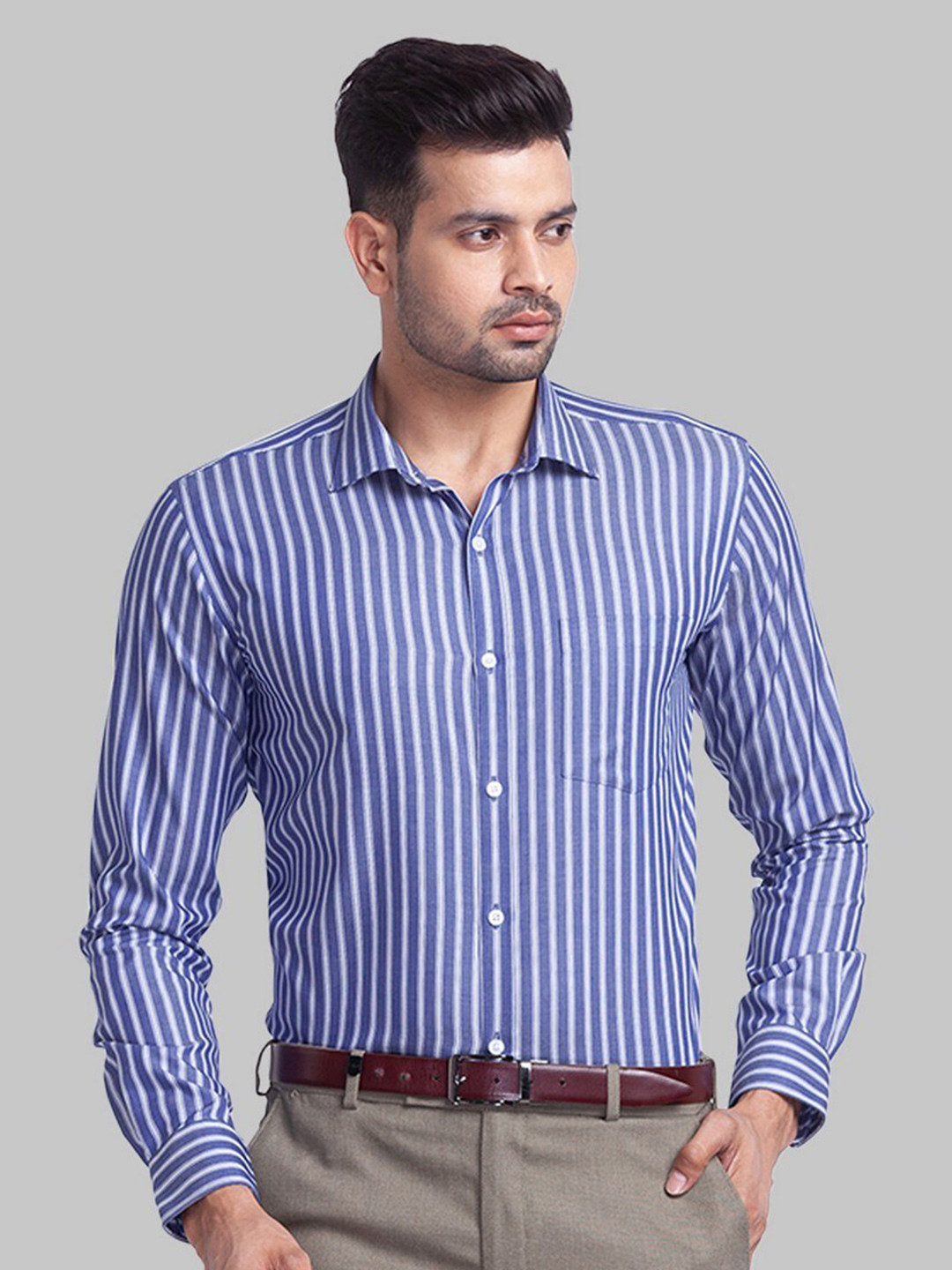 

Park Avenue Men Blue Stripe Slim Fit Formal Shirts