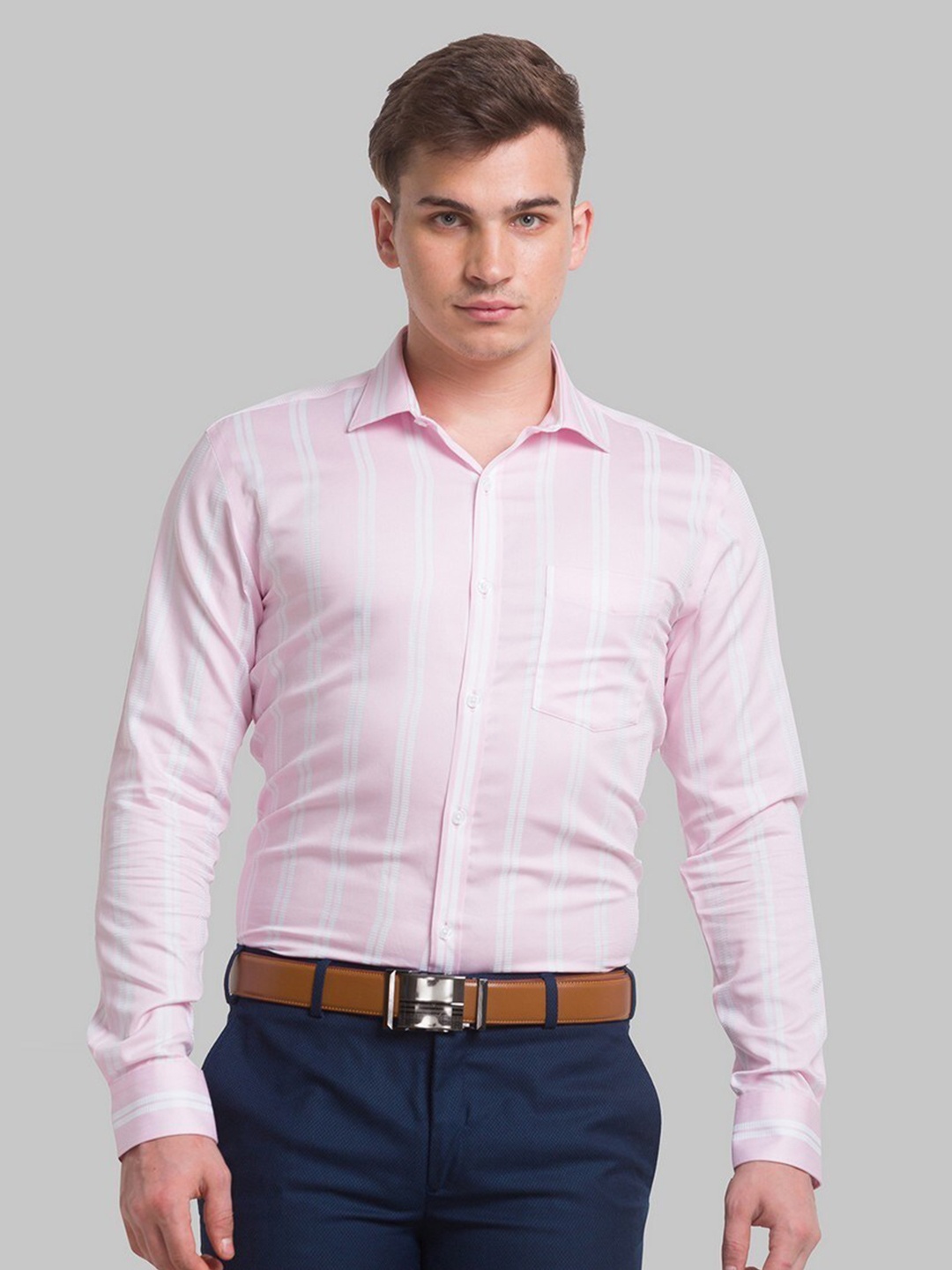 

Park Avenue Men Pink Slim Fit Striped Organic Cotton Formal Shirt
