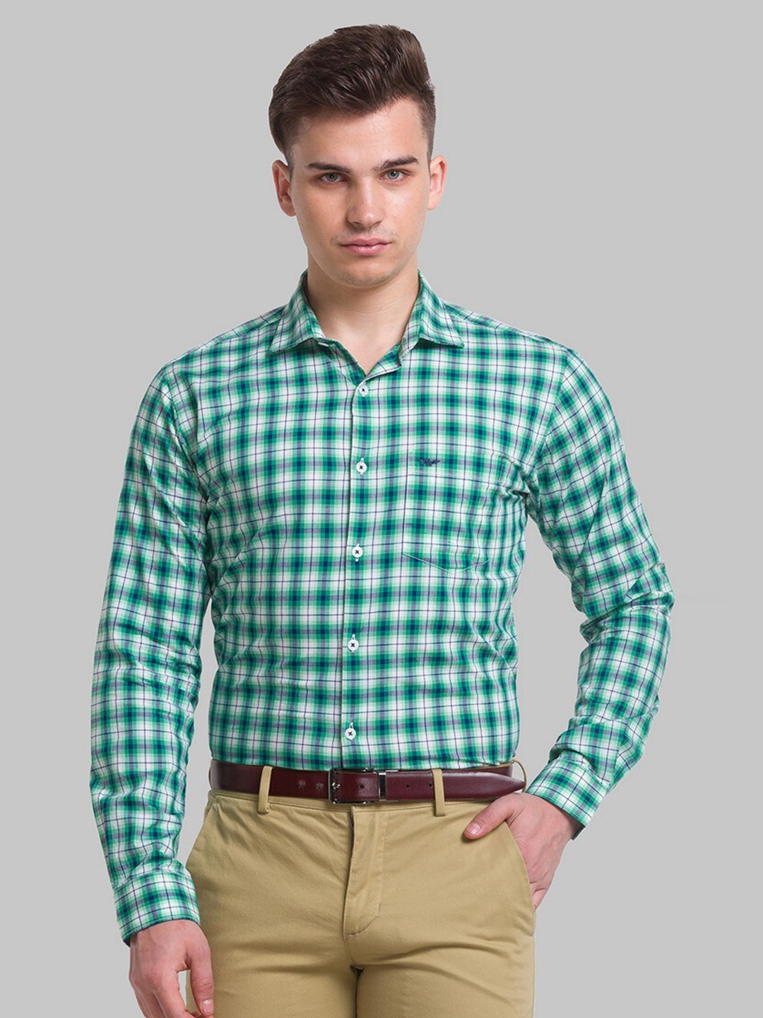 

Park Avenue Men Green Slim Fit Gingham Checks Casual Organic cotton Shirt