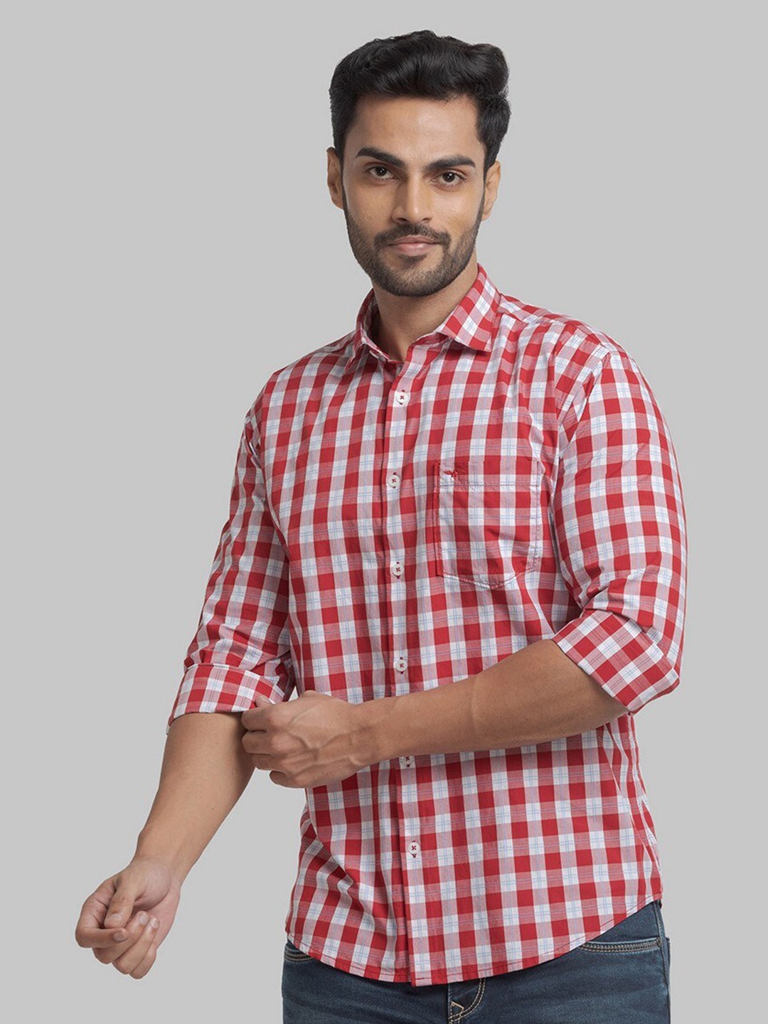 

Park Avenue Men Red Slim Fit Gingham Checks Checked Organic Cotton Casual Shirt