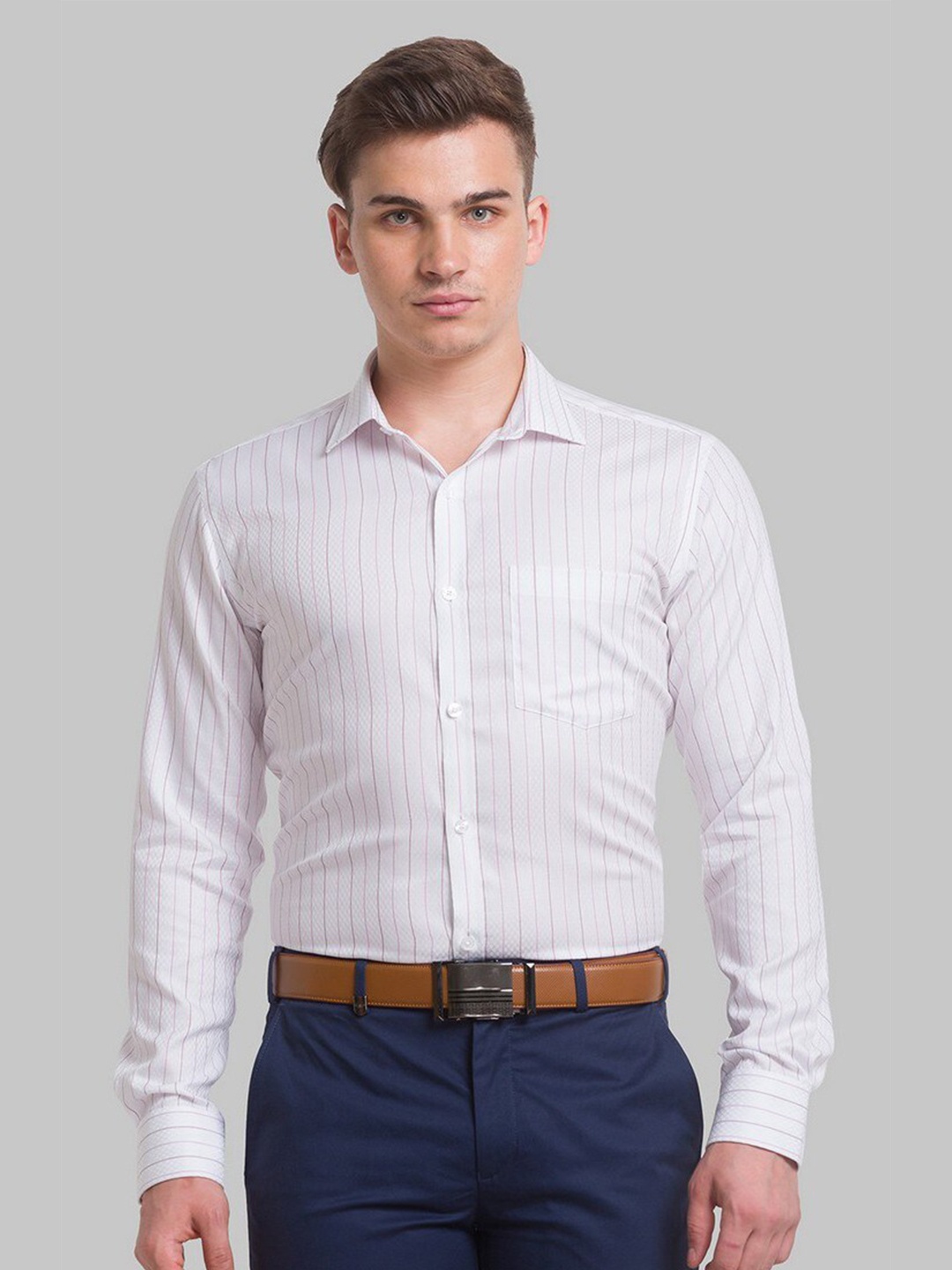 

Park Avenue Men White Slim Fit Striped Organic Cotton Formal Shirt