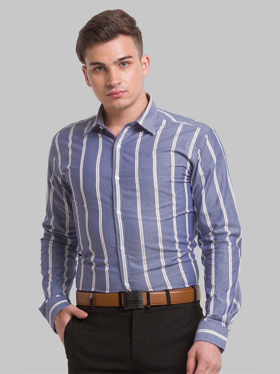 

Park Avenue Men Blue Slim Fit Striped Organic Cotton Formal Shirt