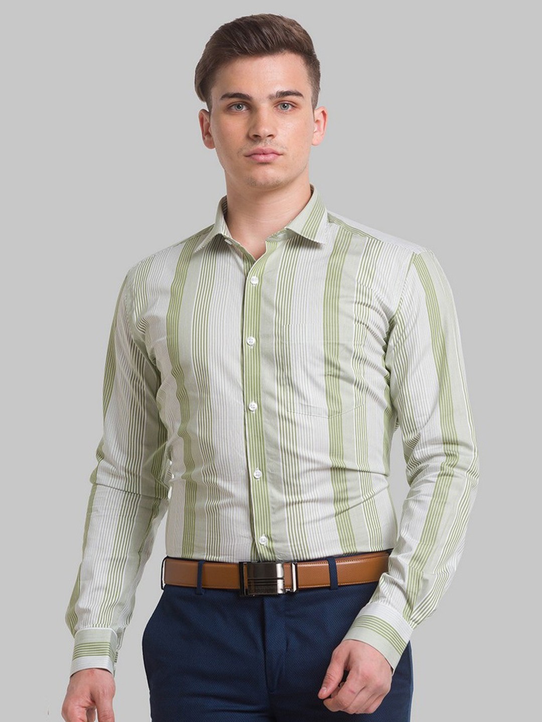 

Park Avenue Men Green Multi Stripes Checked Formal Organic cotton Shirt