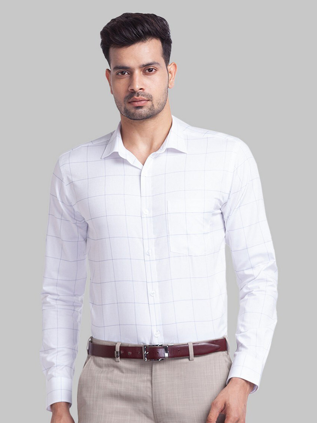 

Park Avenue Men White Slim Fit Windowpane Checks Checked Organic Cotton Formal Shirt