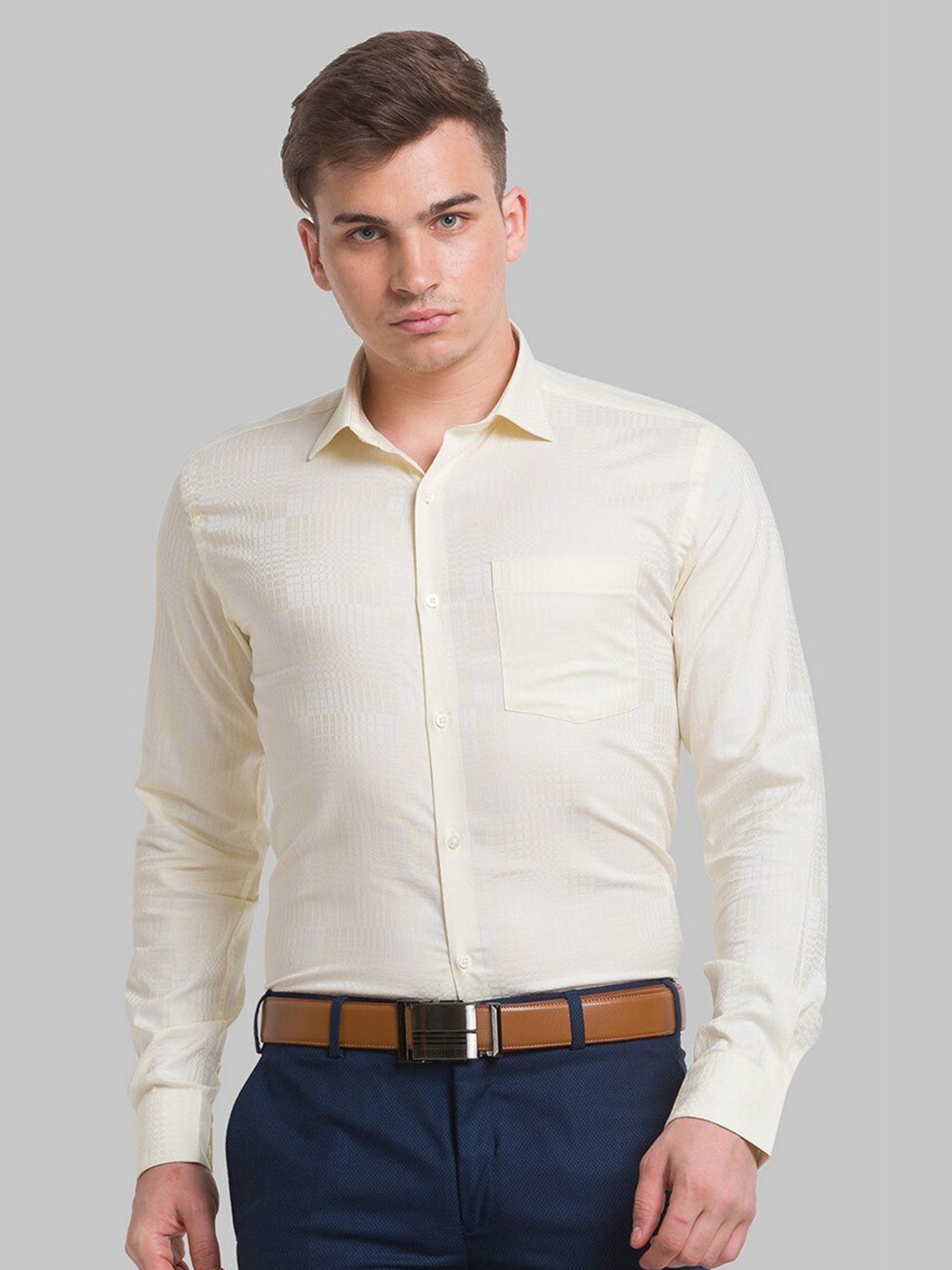 

Park Avenue Men Yellow Slim Fit Striped Organic Cotton Formal Shirt