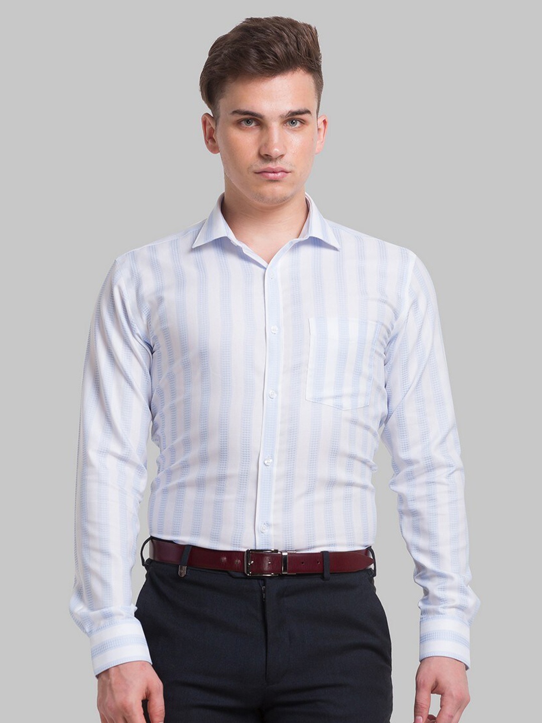 

Park Avenue Men Blue Slim Fit Striped Organic Cotton Formal Shirt