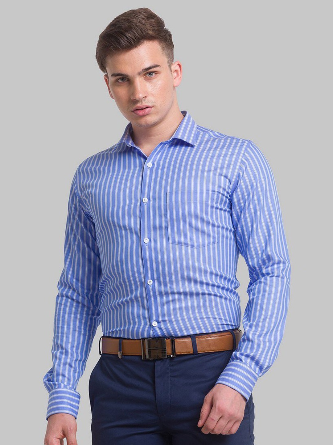 

Park Avenue Men Blue Slim Fit Striped Organic Cotton Formal Shirt