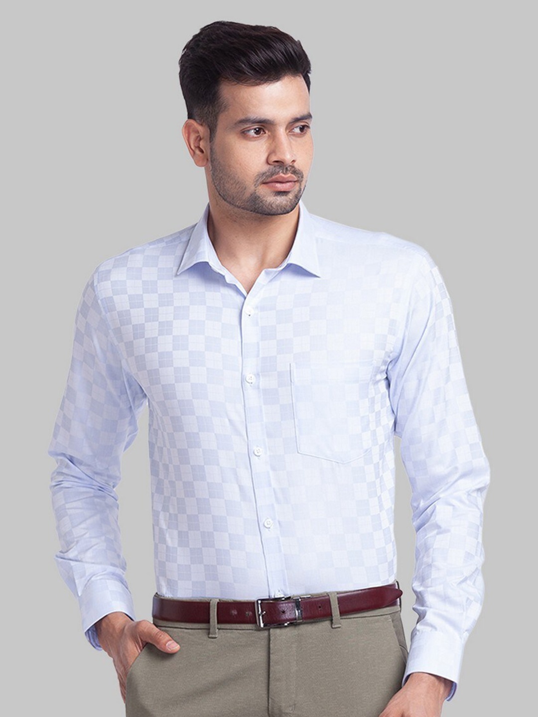 Park Avenue Men Blue Slim Fit Checked Organic Cotton Formal Shirt