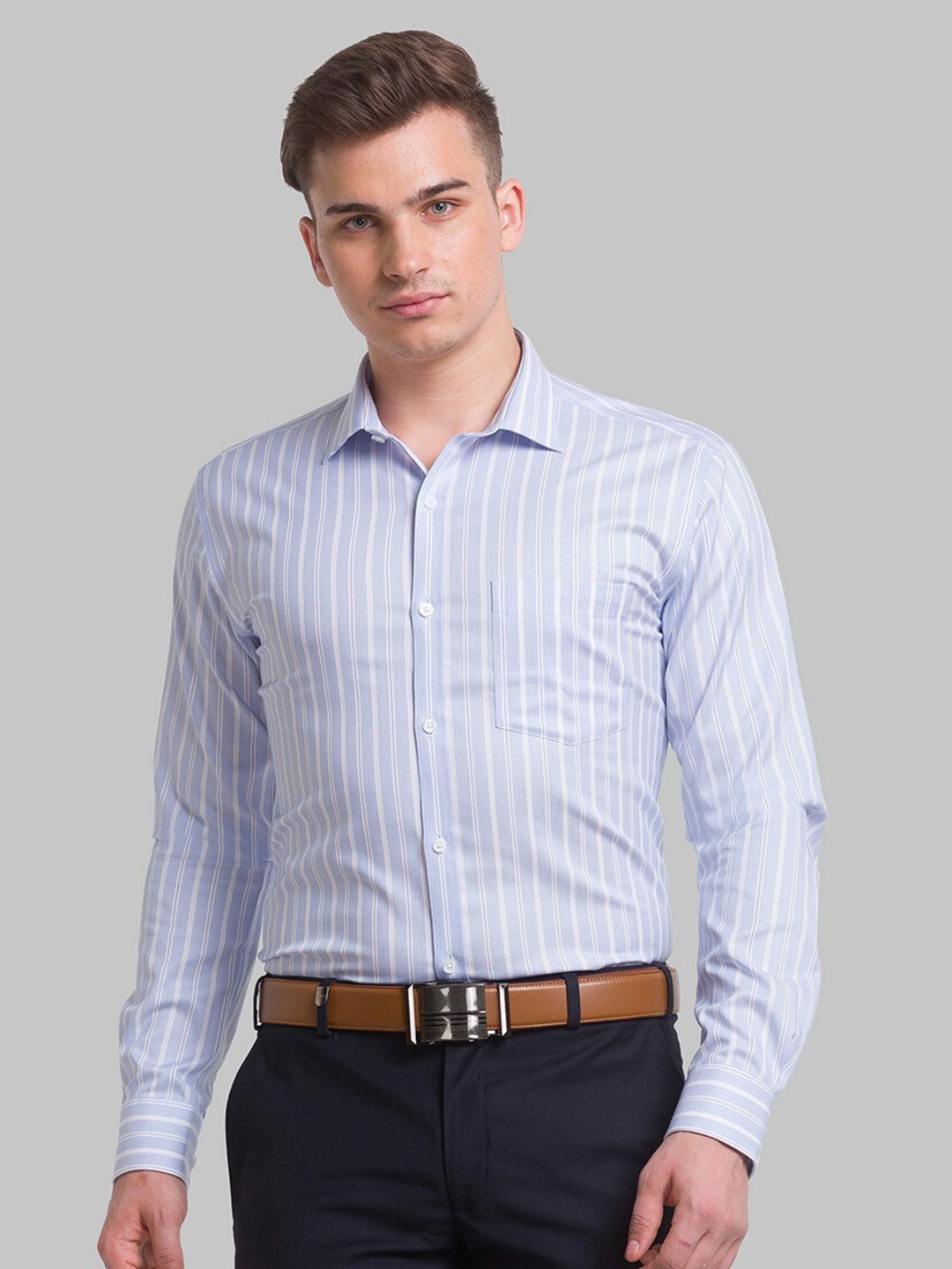 

Park Avenue Men Blue Slim Fit Striped Organic Cotton Formal Shirt