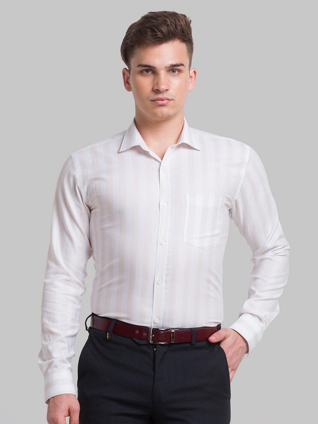 

Park Avenue Men Beige Striped Formal Shirt