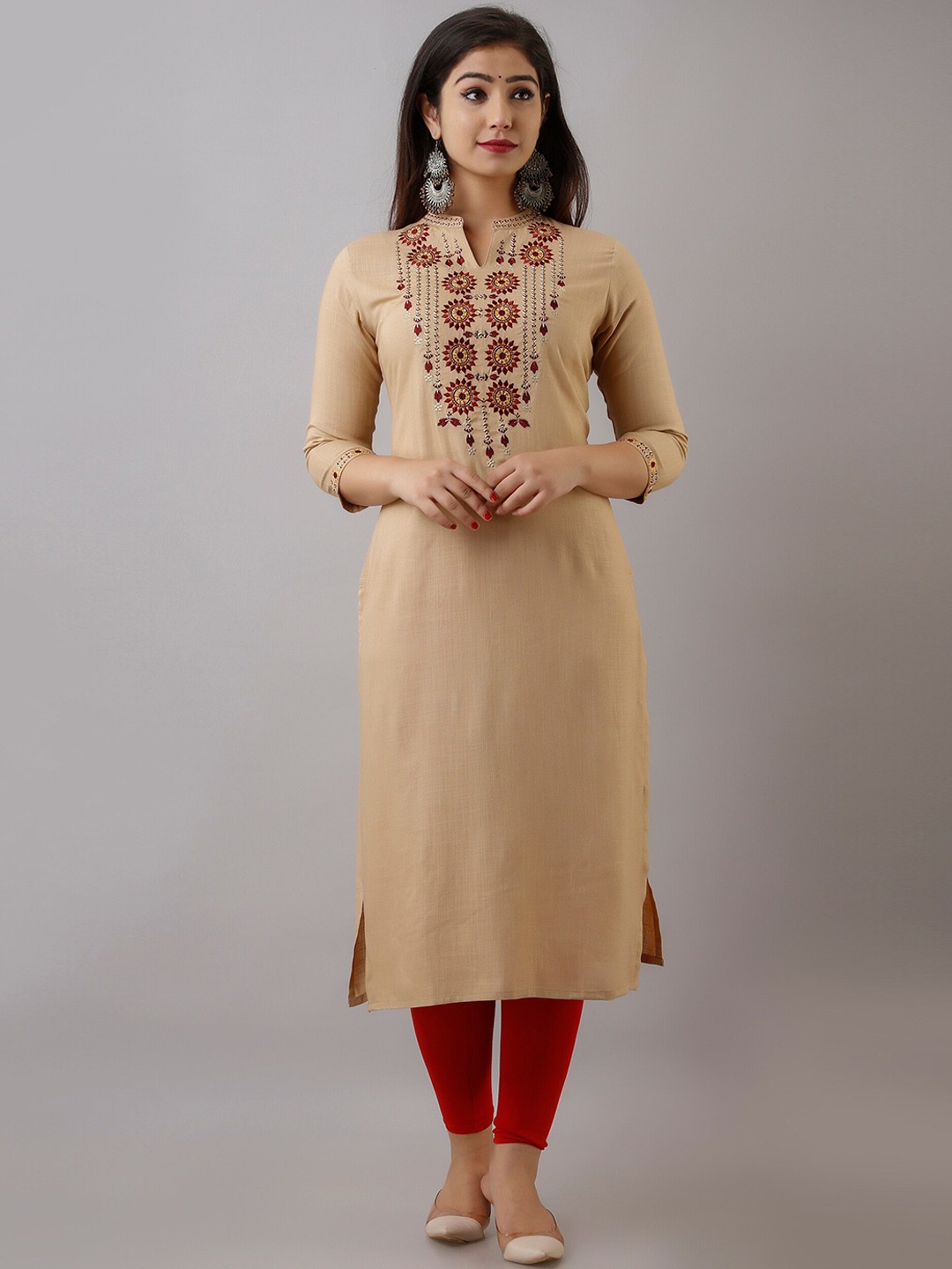 

NITVAN Women Brown Embroidered Yoke Design Straight Kurta