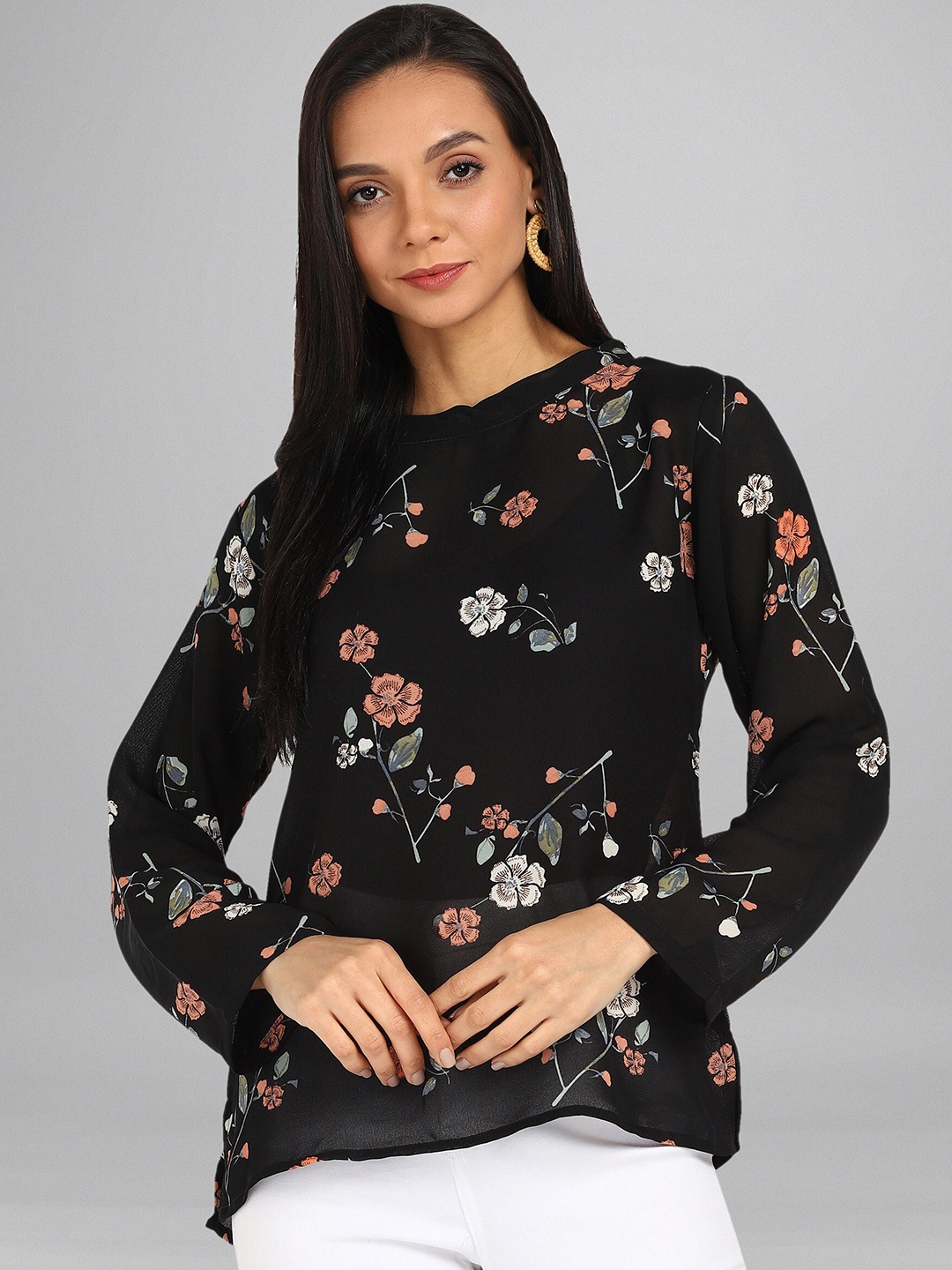 

Fashfun Women Black Floral Print Round Neck Crepe Top