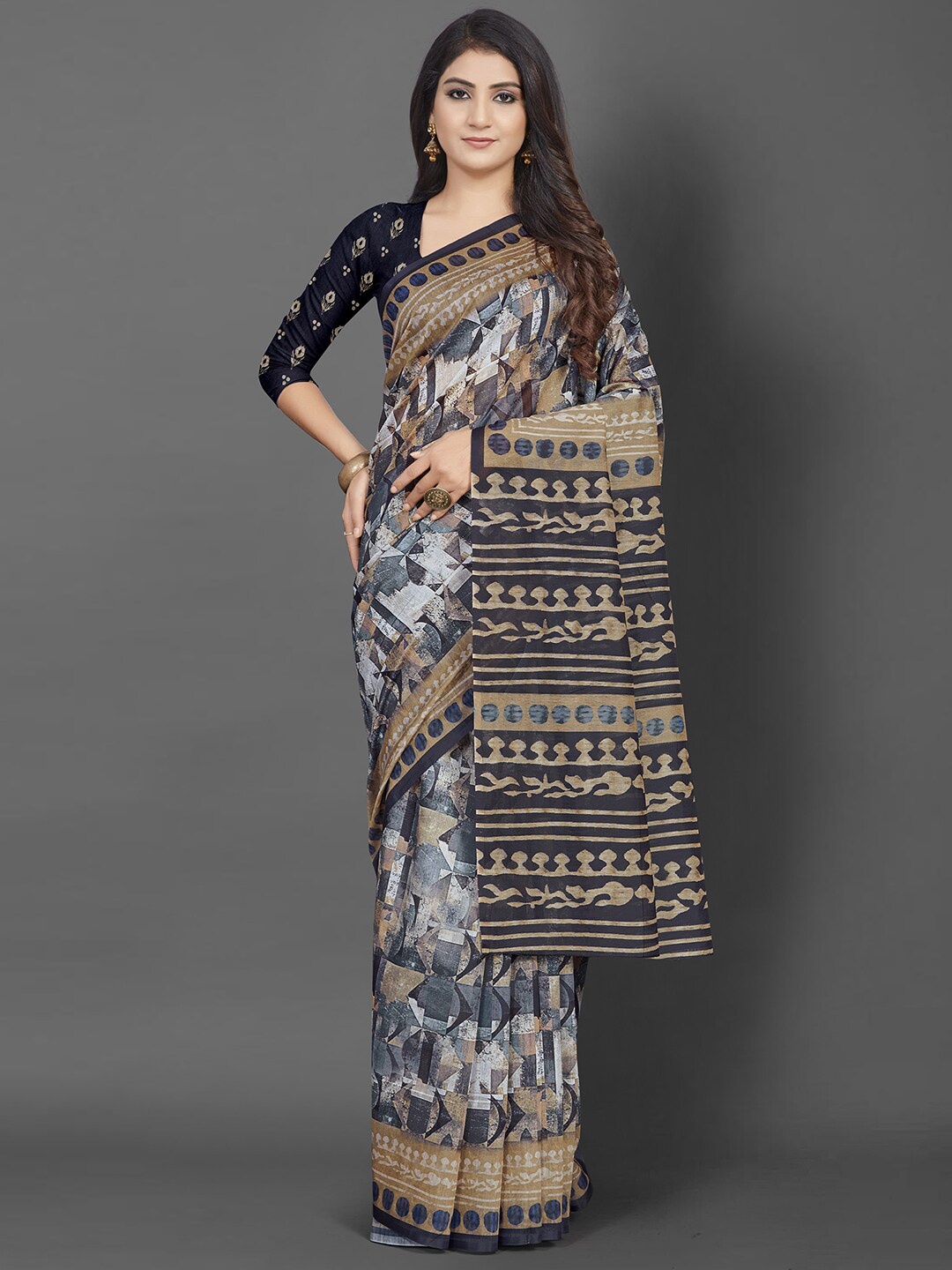 

Mitera Beige & Black Printed Bagh Saree