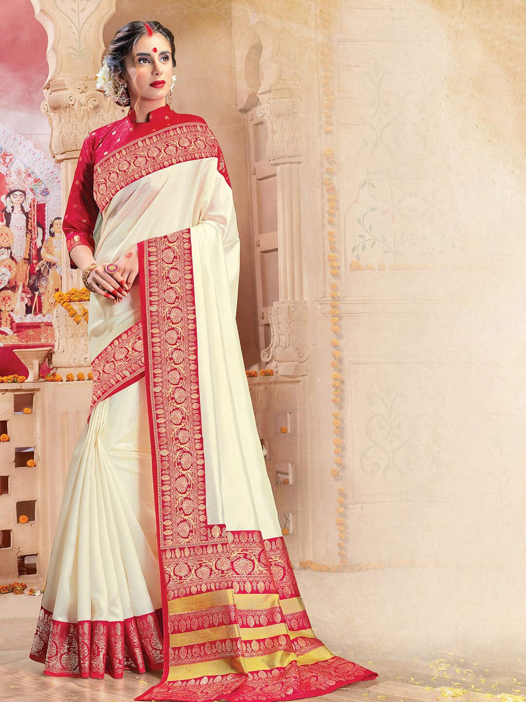 

Mitera Off White & Red Floral Silk Blend Banarasi Saree