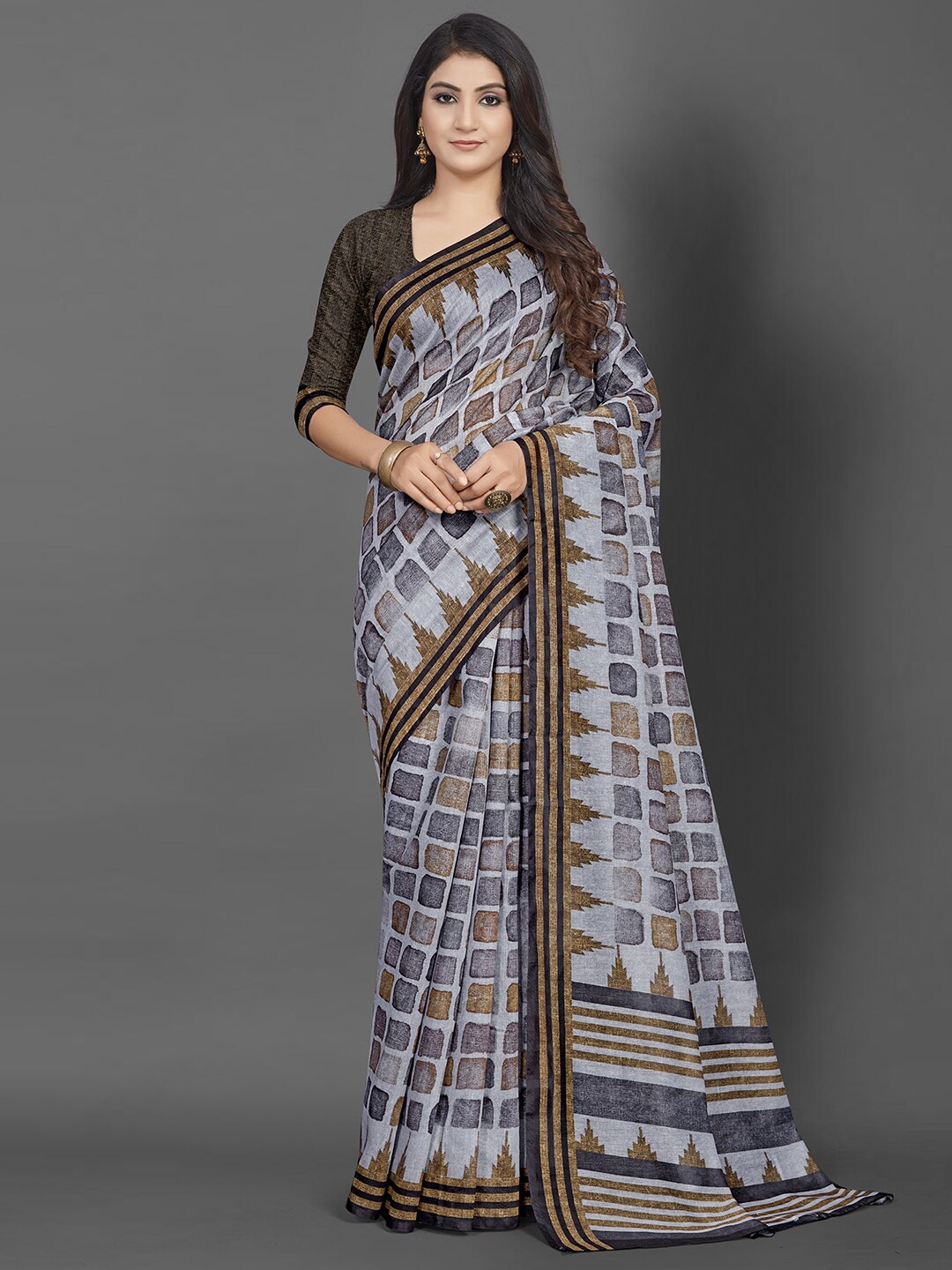 

Mitera Grey & Black Printed Bagh Saree