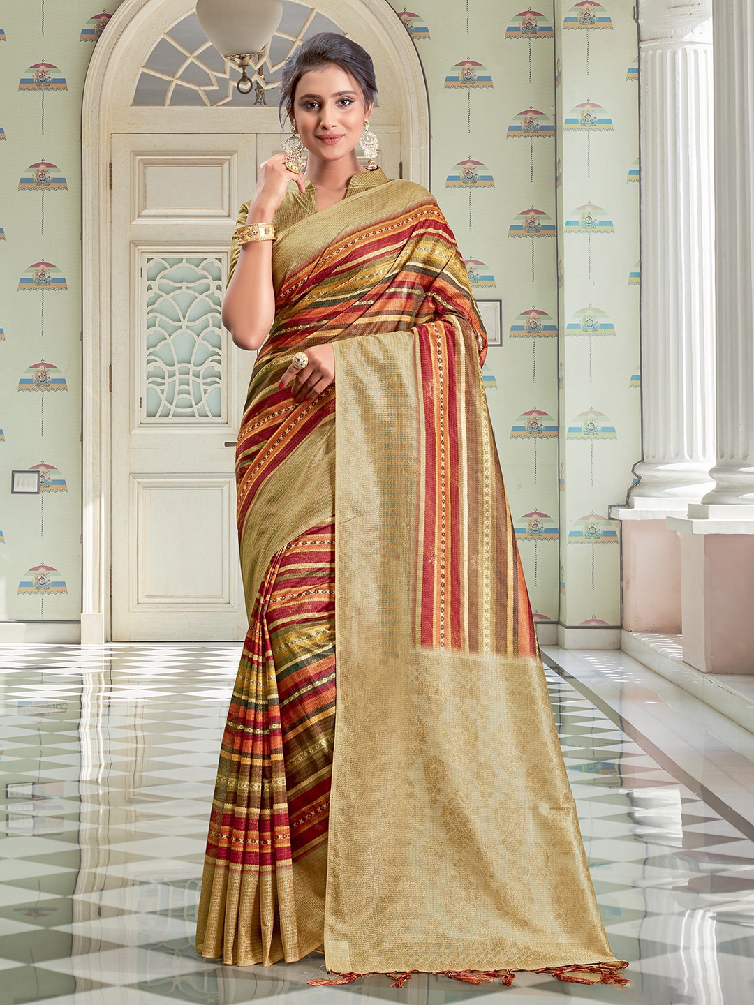 

Mitera Beige & Gold-Toned Striped Linen Blend Block Print Saree