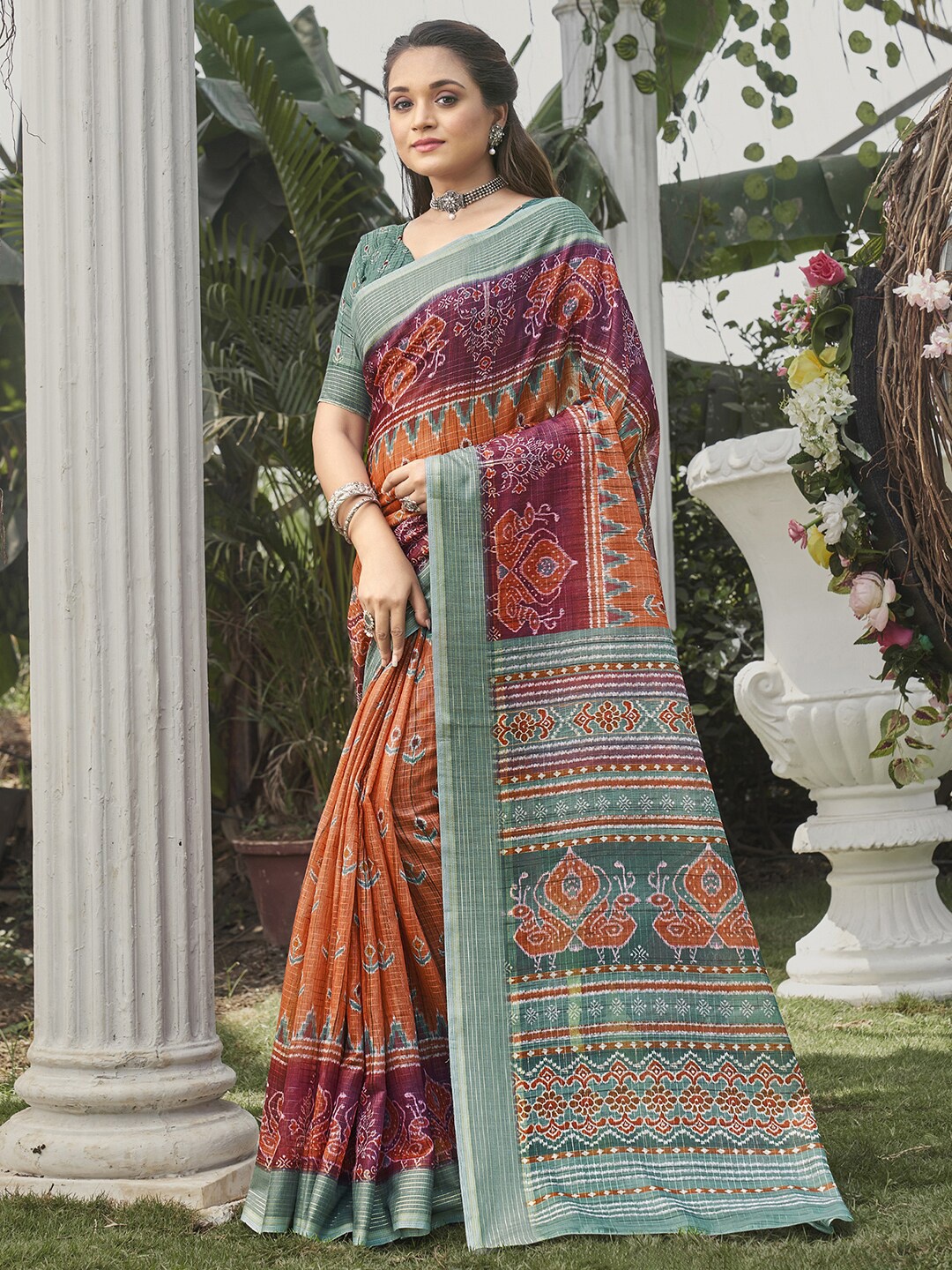 

Mitera Orange & Green Ethnic Motifs Silk Blend Bagru Saree