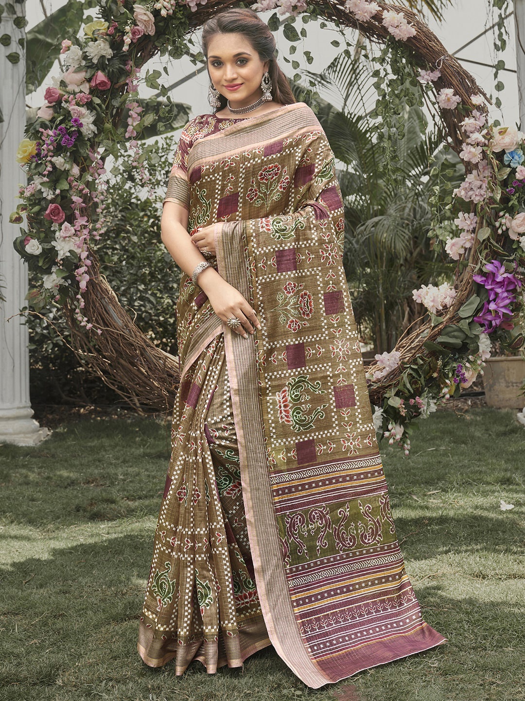 

Mitera Olive Green & Brown Floral Printed Silk Blend Saree