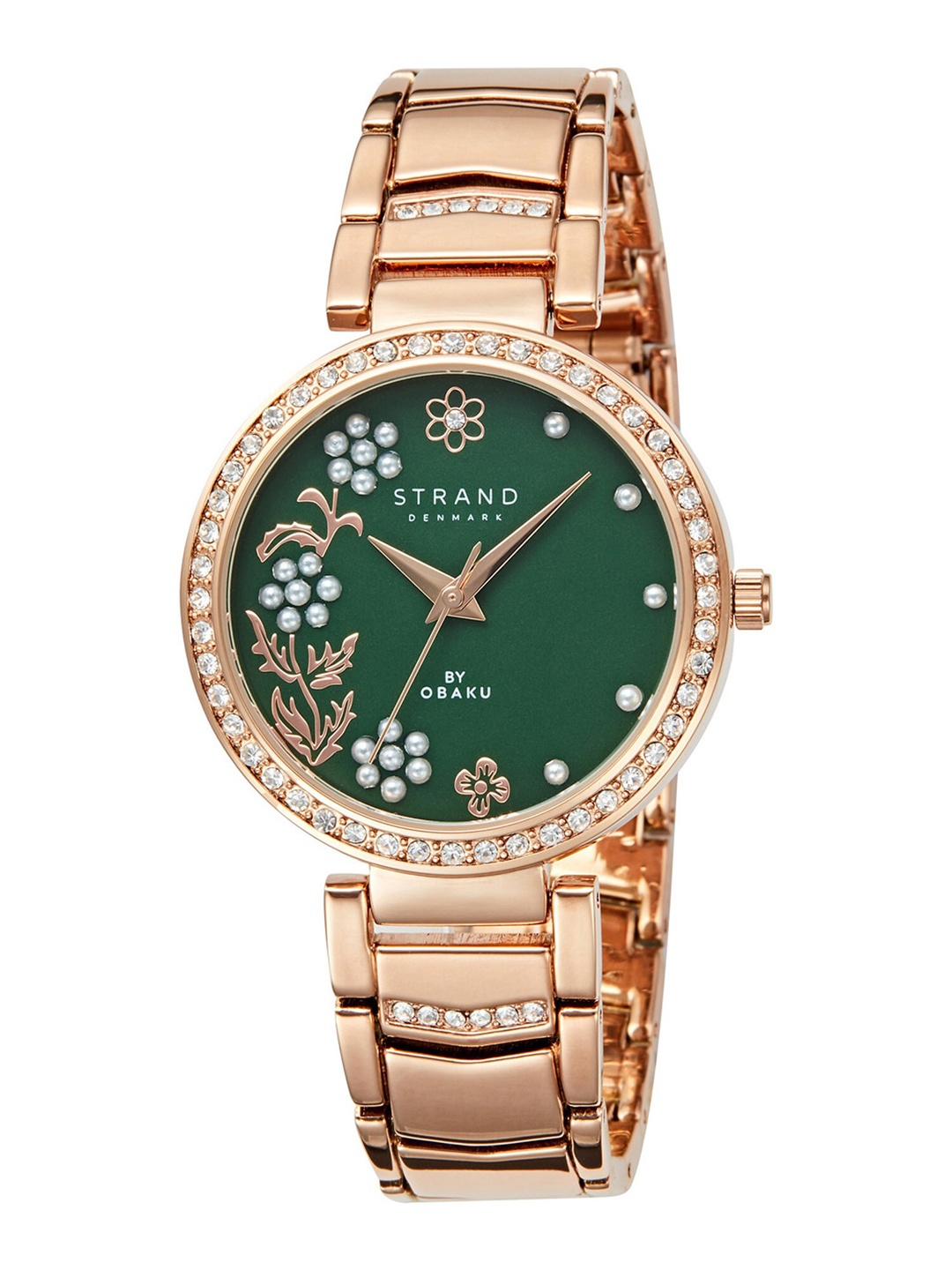 

STRAND BY OBAKU Women Green Brass Embellished Dial & Rose Gold Toned Stainless Steel Bracelet Style Straps Watch