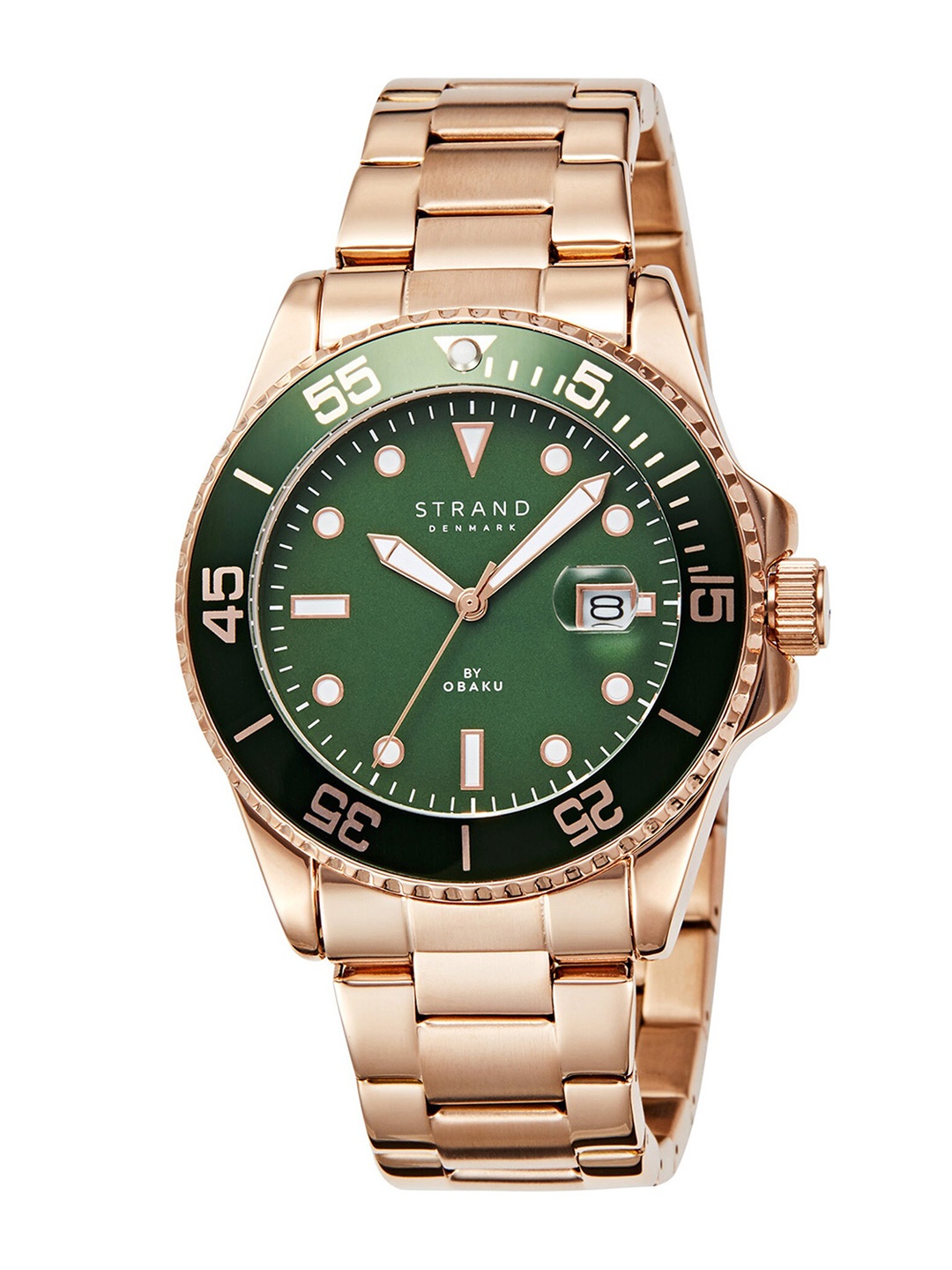 

STRAND BY OBAKU Men Green Brass Embellished Dial & Rose Gold Toned Stainless Steel Bracelet Style Straps Watch