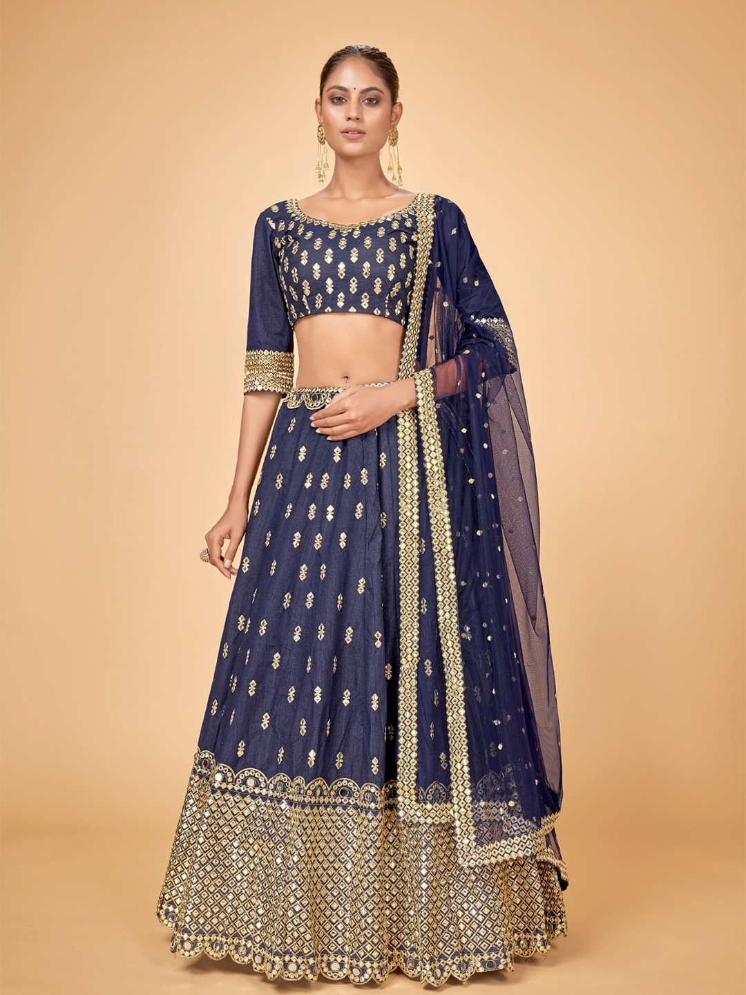 

Cloth's Villa Blue & Gold-Toned Embroidered Sequinned Semi-Stitched Lehenga & Unstitched Blouse With Dupatta