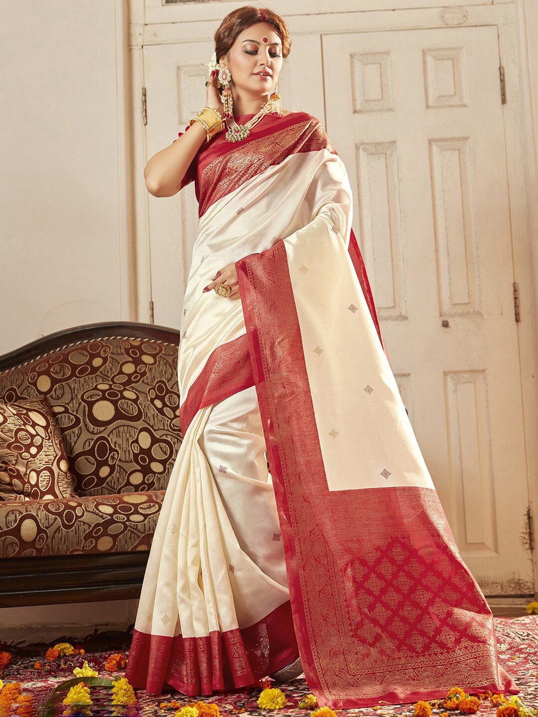 

Saree mall Cream-Coloured & Red Zari Silk Blend Banarasi Sarees